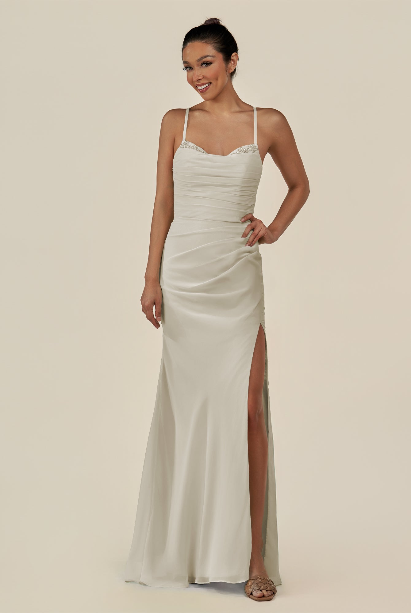 KissDress-Myka Dove Gray Sheath Chiffon Spaghetti Straps Long Bridesmaid Dress with Sequins