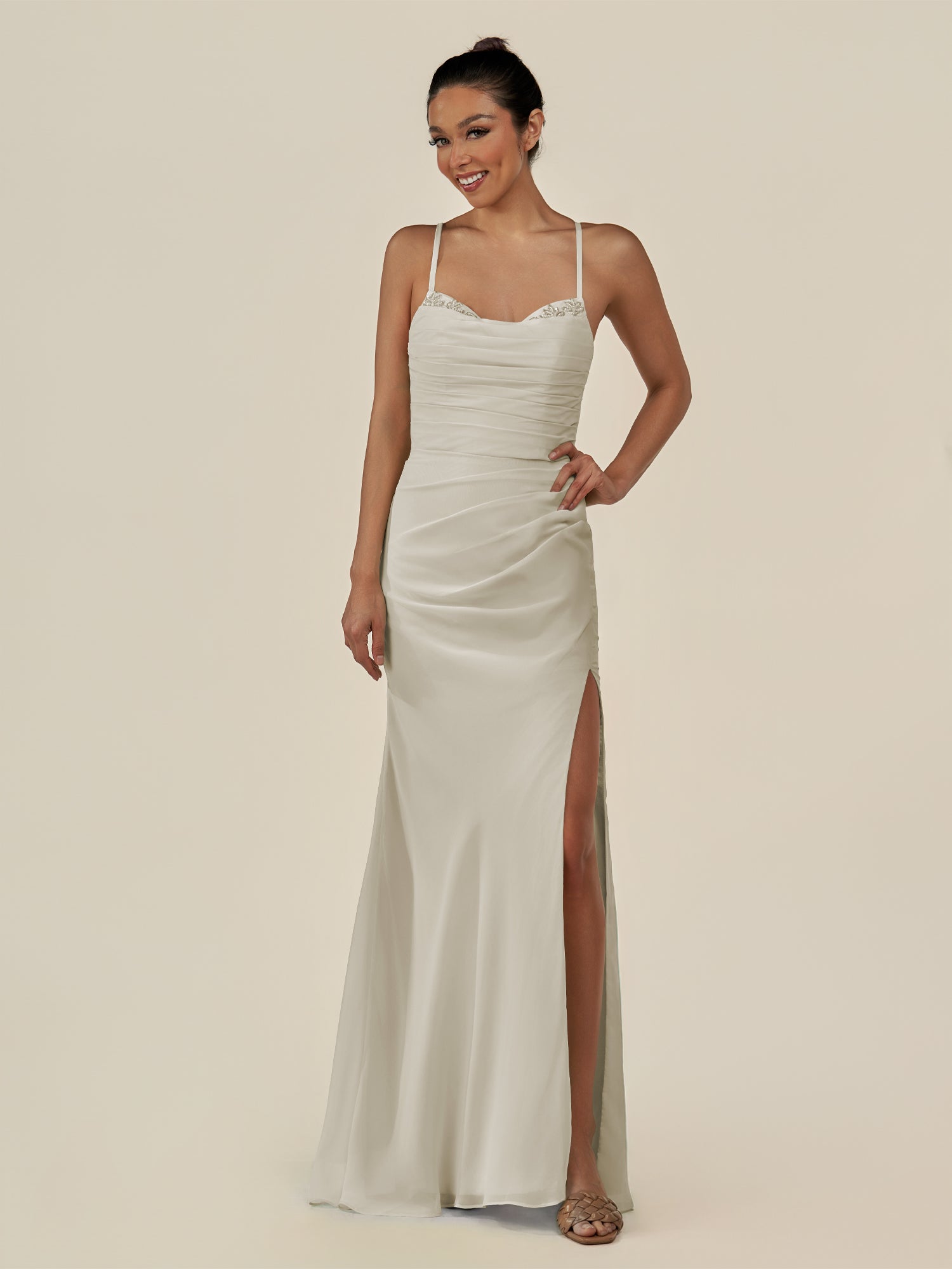 KissDress-Myka Dove Gray Sheath Chiffon Spaghetti Straps Long Bridesmaid Dress with Sequins