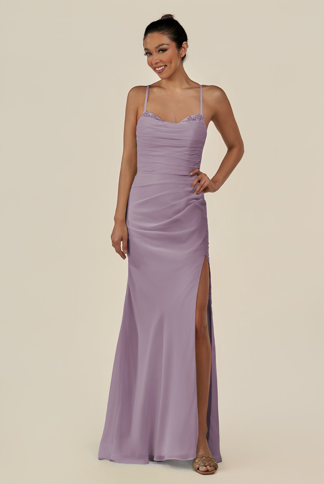 KissDress-Myka Dusk Sheath Chiffon Spaghetti Straps Long Bridesmaid Dress with Sequins