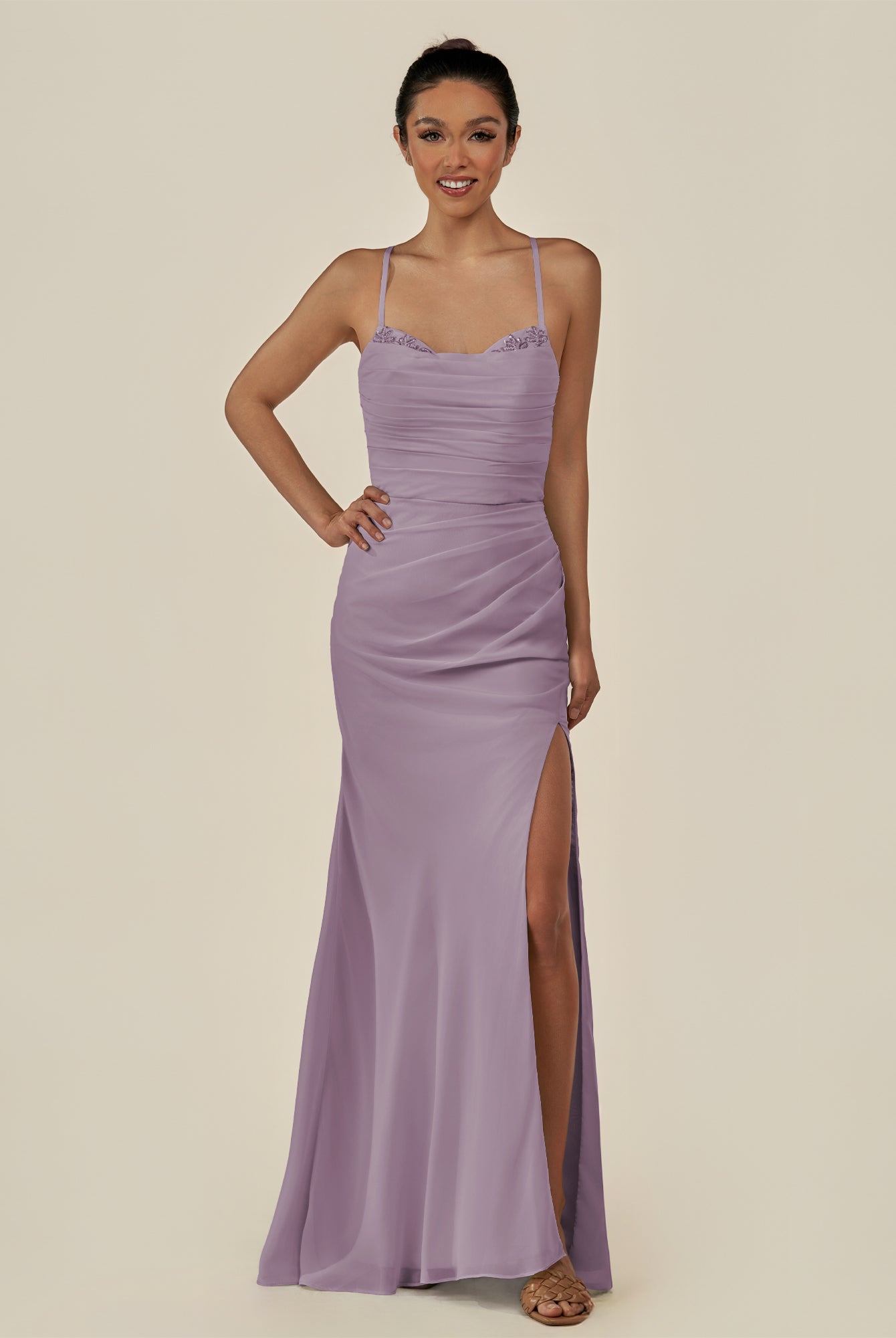 KissDress-Myka Dusk Sheath Chiffon Spaghetti Straps Long Bridesmaid Dress with Sequins