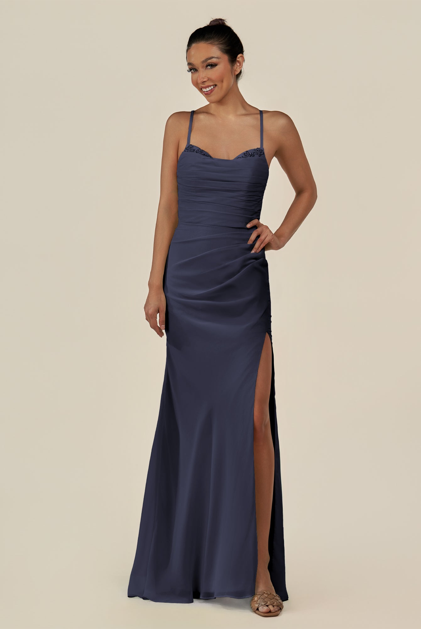 KissDress-Myka Dusk Blue Sheath Chiffon Spaghetti Straps Long Bridesmaid Dress with Sequins