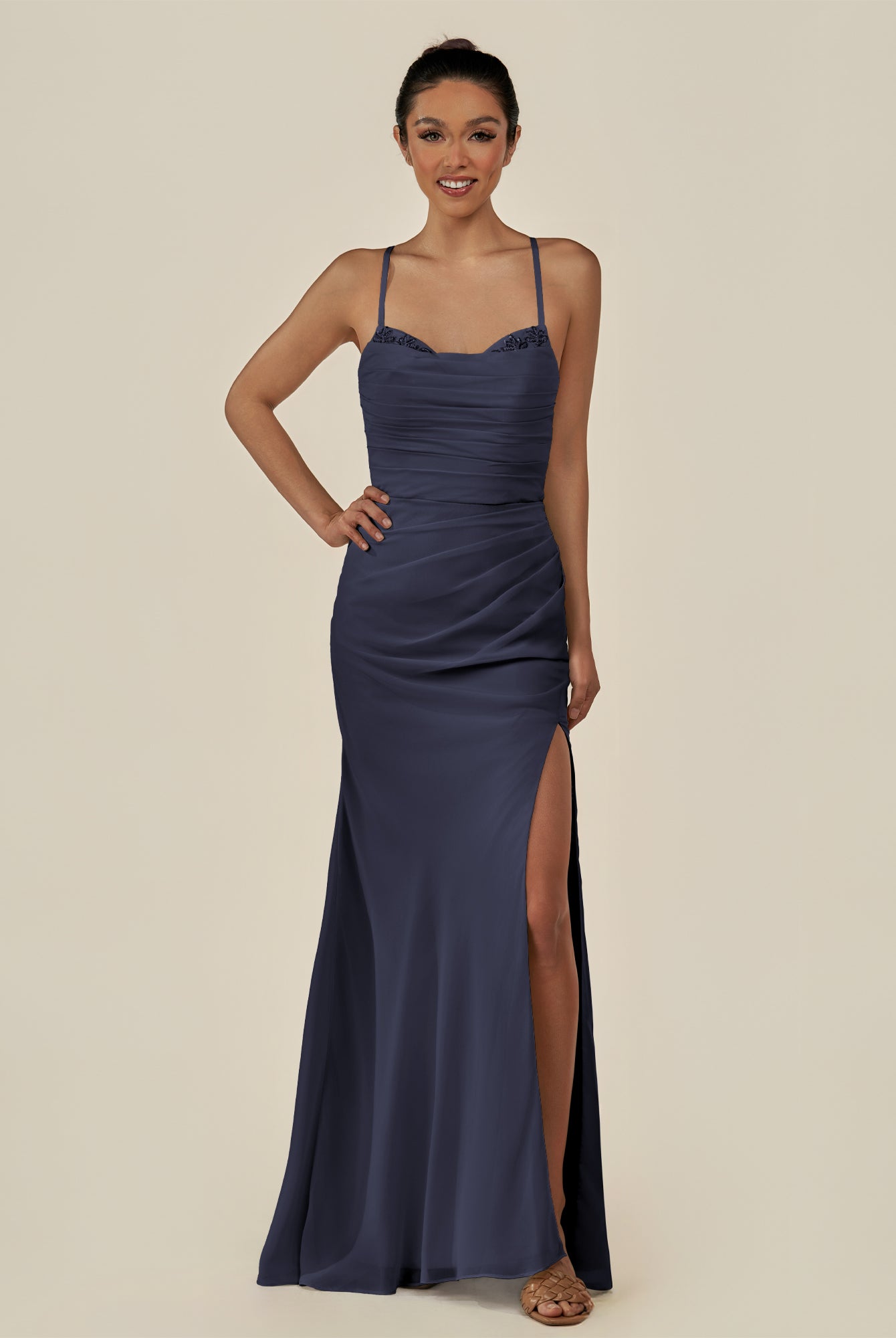 KissDress-Myka Dusk Blue Sheath Chiffon Spaghetti Straps Long Bridesmaid Dress with Sequins