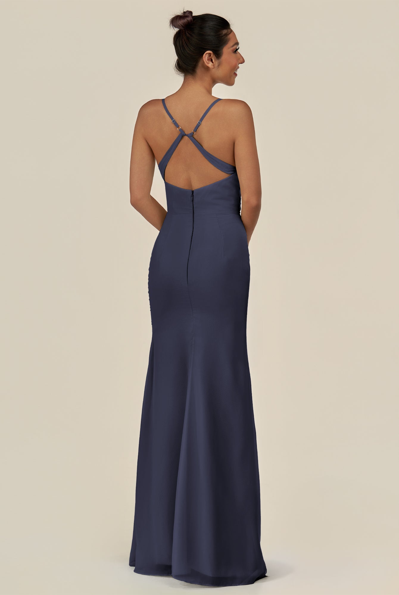 KissDress-Myka Dusk Blue Sheath Chiffon Spaghetti Straps Long Bridesmaid Dress with Sequins