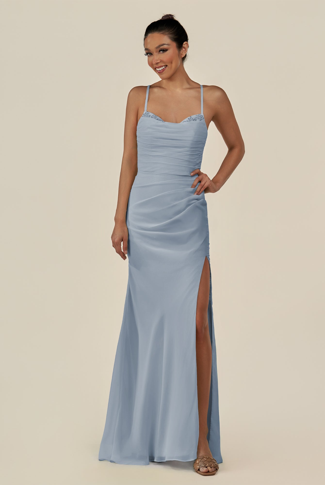 KissDress-Myka Dusty Blue Sheath Chiffon Spaghetti Straps Long Bridesmaid Dress with Sequins