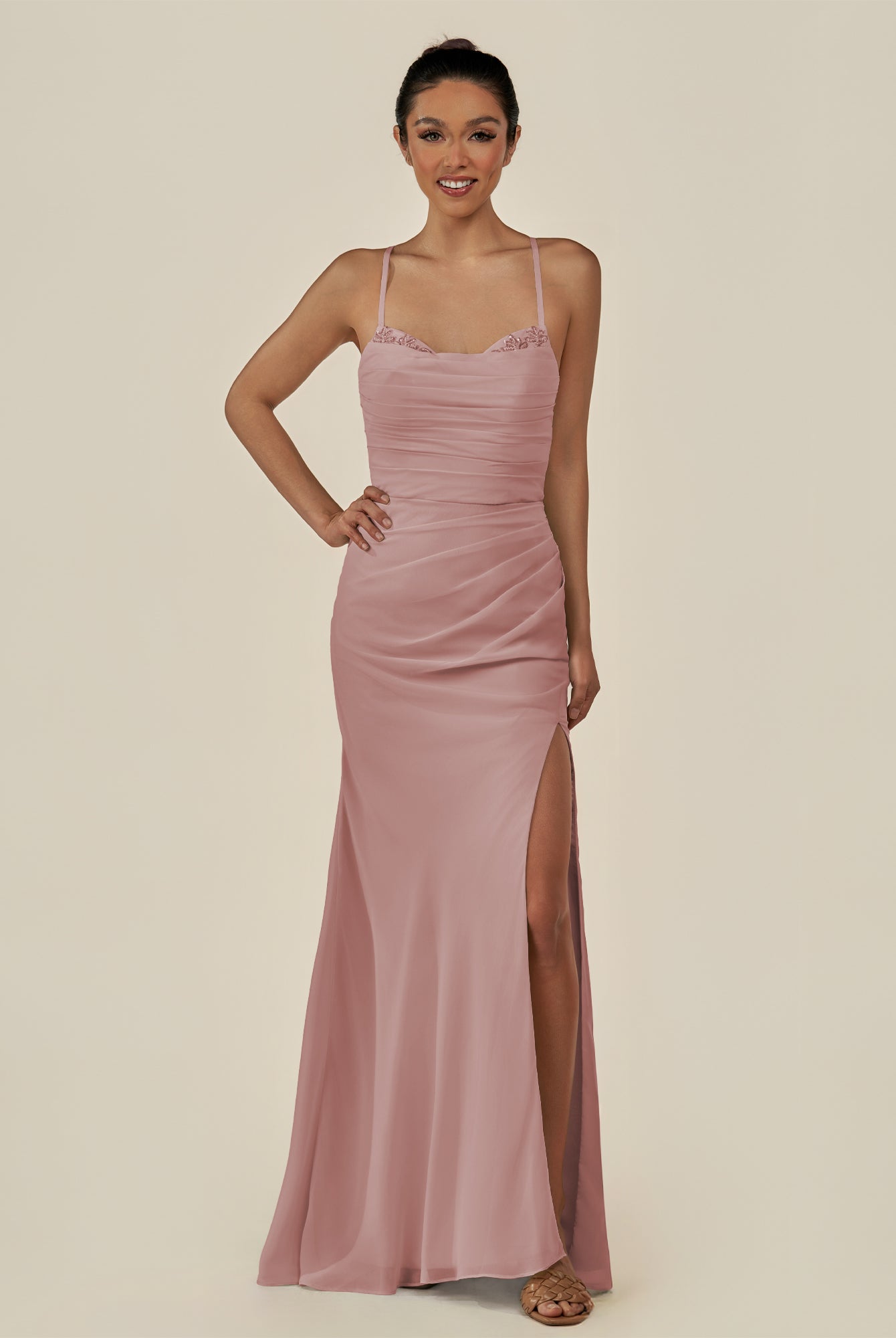 KissDress-Myka Dusty Rose Sheath Chiffon Spaghetti Straps Long Bridesmaid Dress with Sequins