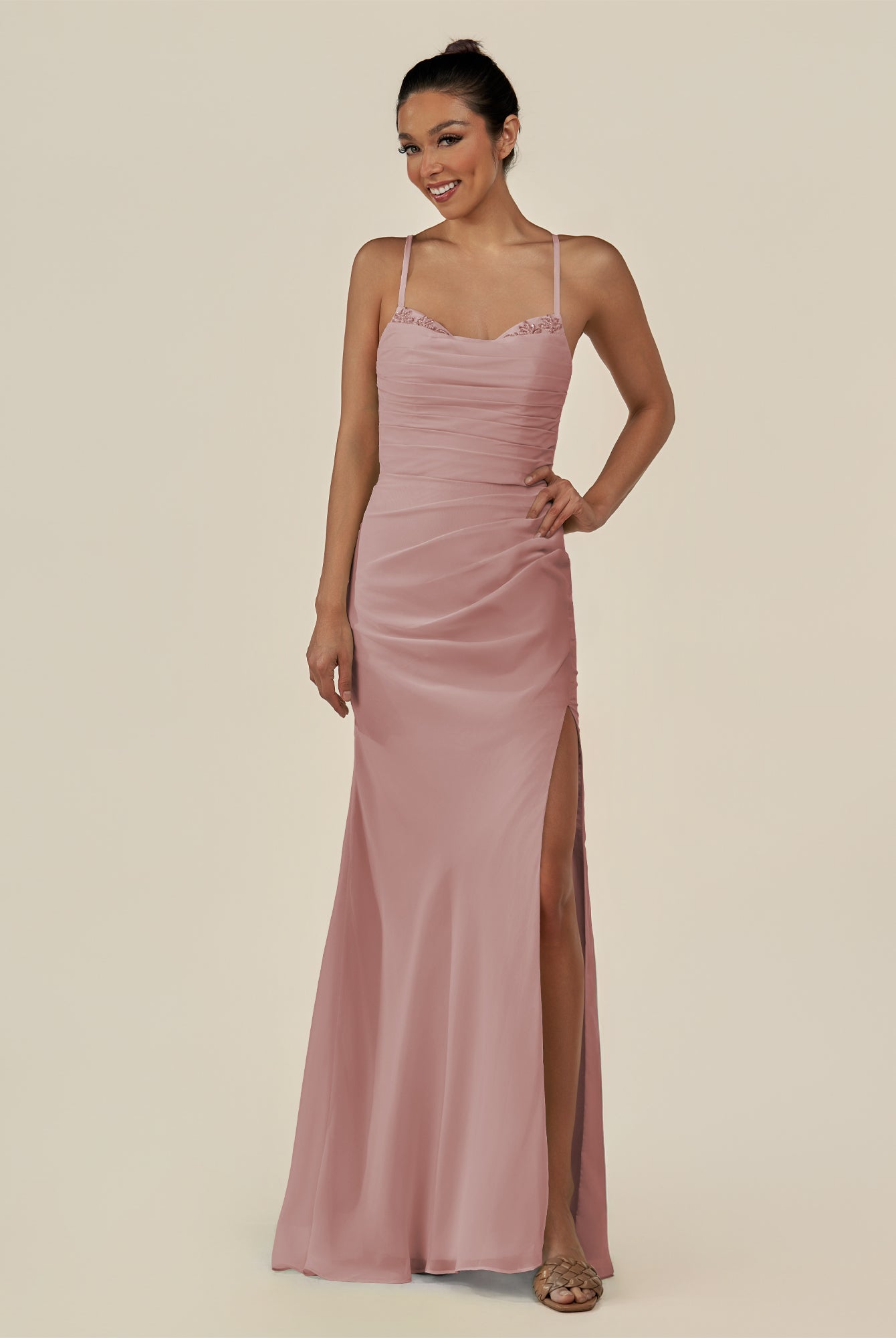 KissDress-Myka Dusty Rose Sheath Chiffon Spaghetti Straps Long Bridesmaid Dress with Sequins