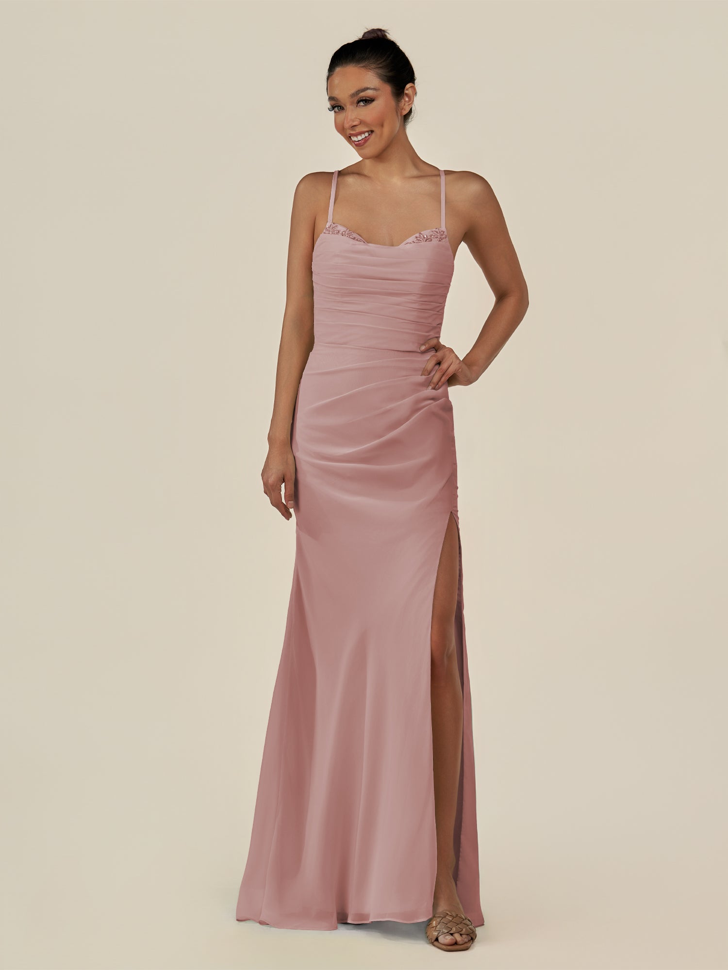 KissDress-Myka Dusty Rose Sheath Chiffon Spaghetti Straps Long Bridesmaid Dress with Sequins