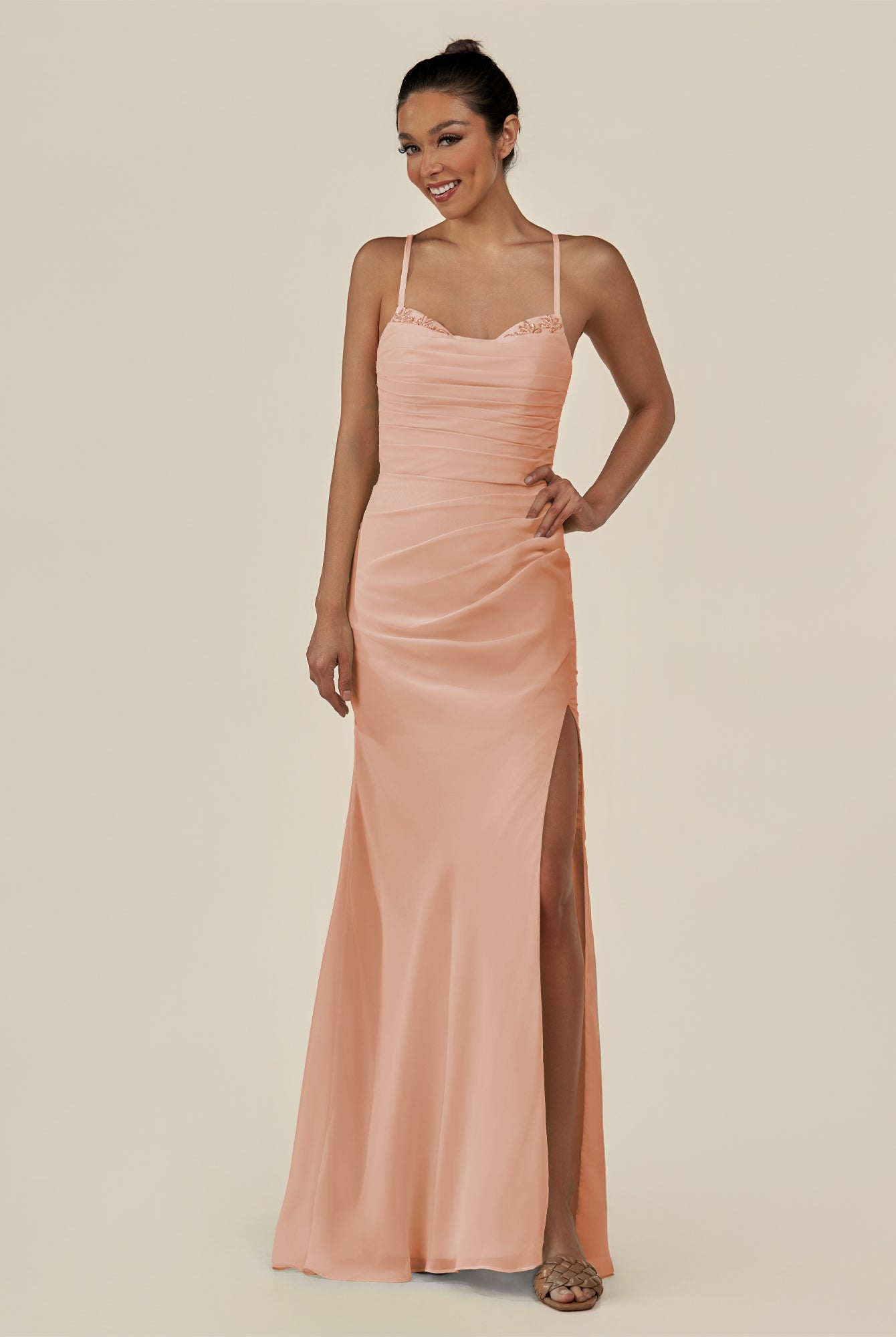 KissDress-Myka English Rose Sheath Chiffon Spaghetti Straps Long Bridesmaid Dress with Sequins