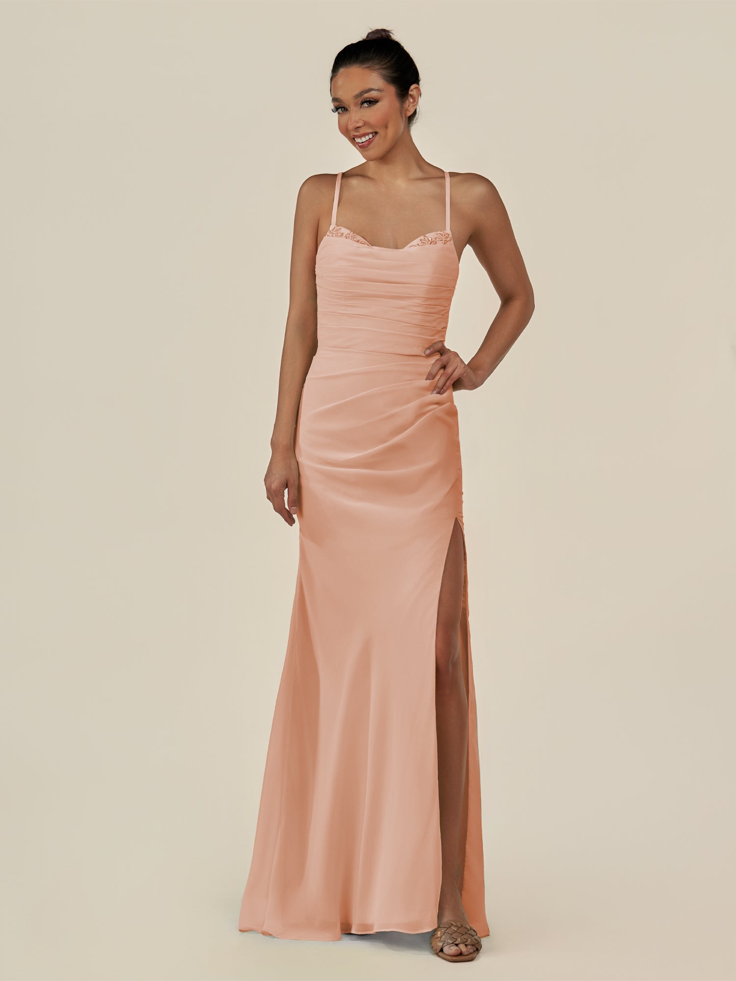 KissDress-Myka English Rose Sheath Chiffon Spaghetti Straps Long Bridesmaid Dress with Sequins