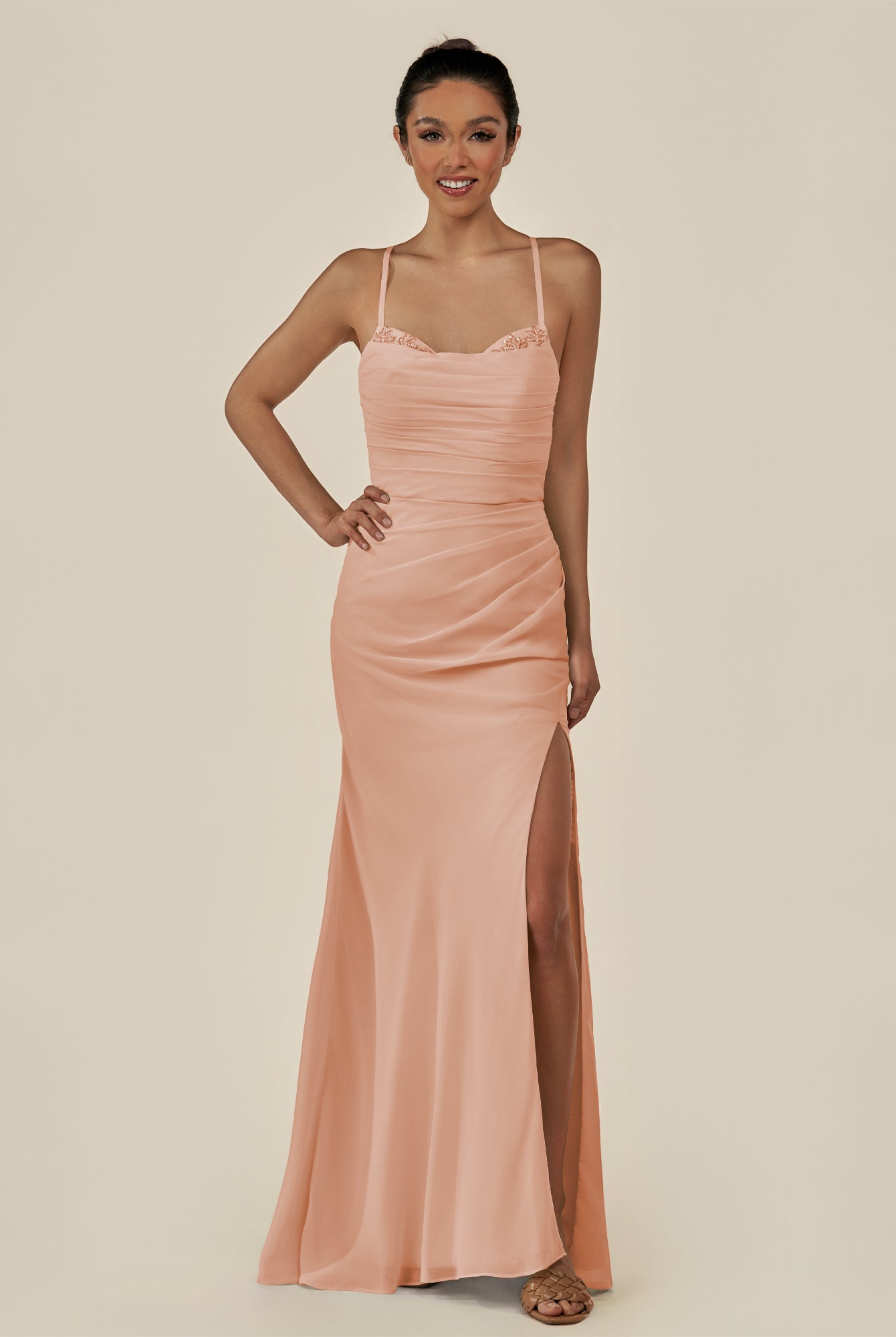 KissDress-Myka English Rose Sheath Chiffon Spaghetti Straps Long Bridesmaid Dress with Sequins