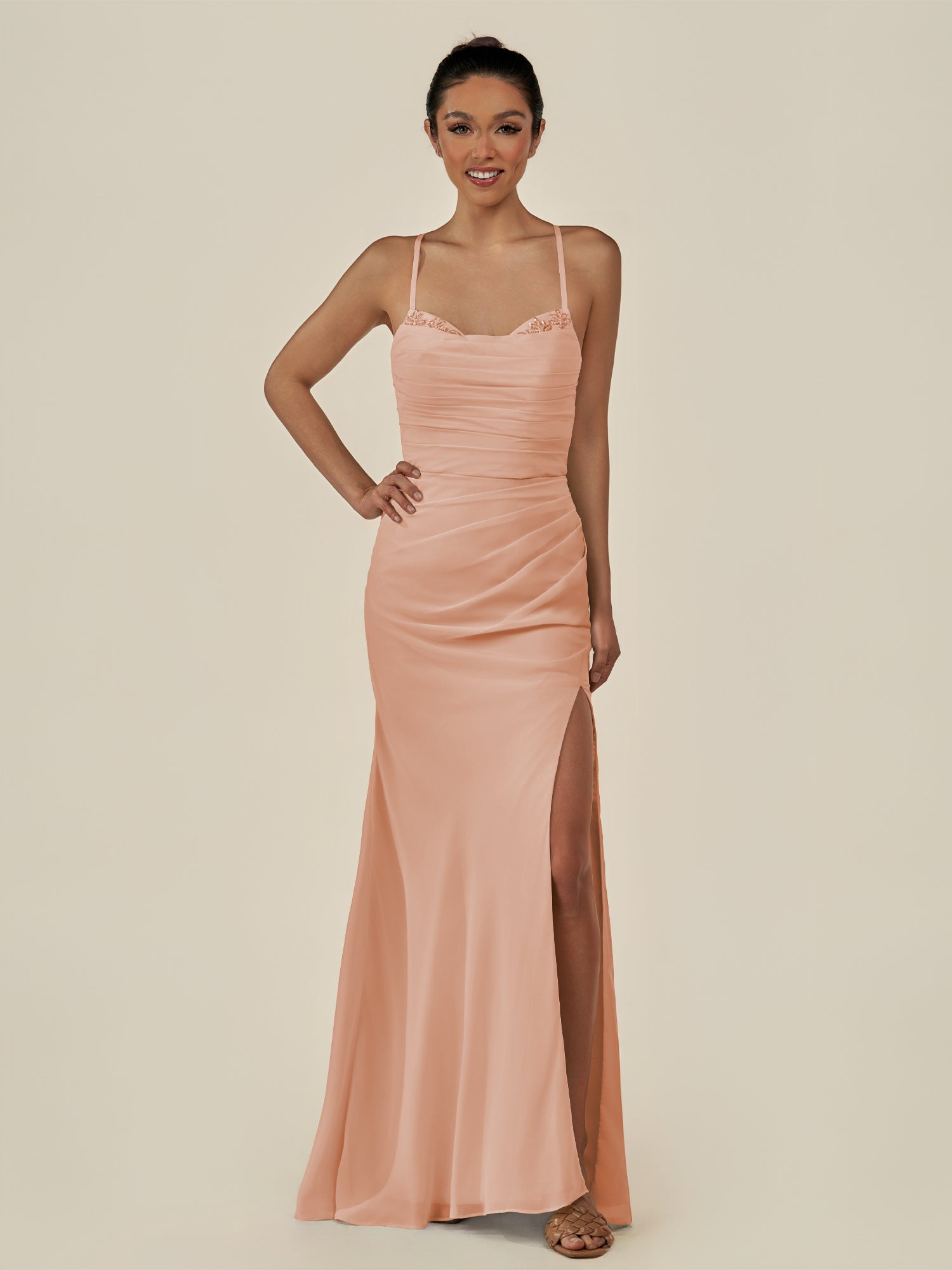 KissDress-Myka English Rose Sheath Chiffon Spaghetti Straps Long Bridesmaid Dress with Sequins