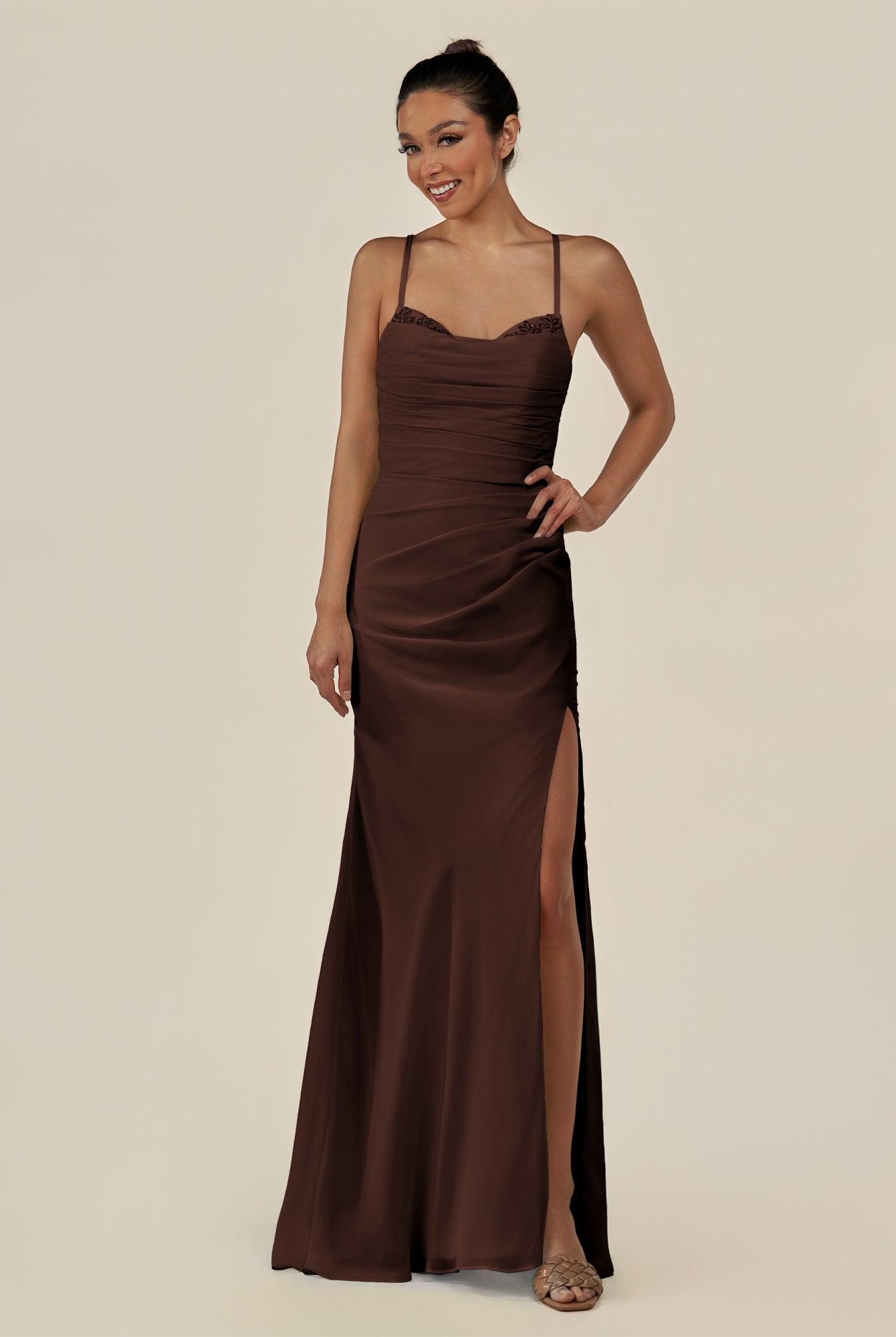 KissDress-Myka Espresso Sheath Chiffon Spaghetti Straps Long Bridesmaid Dress with Sequins