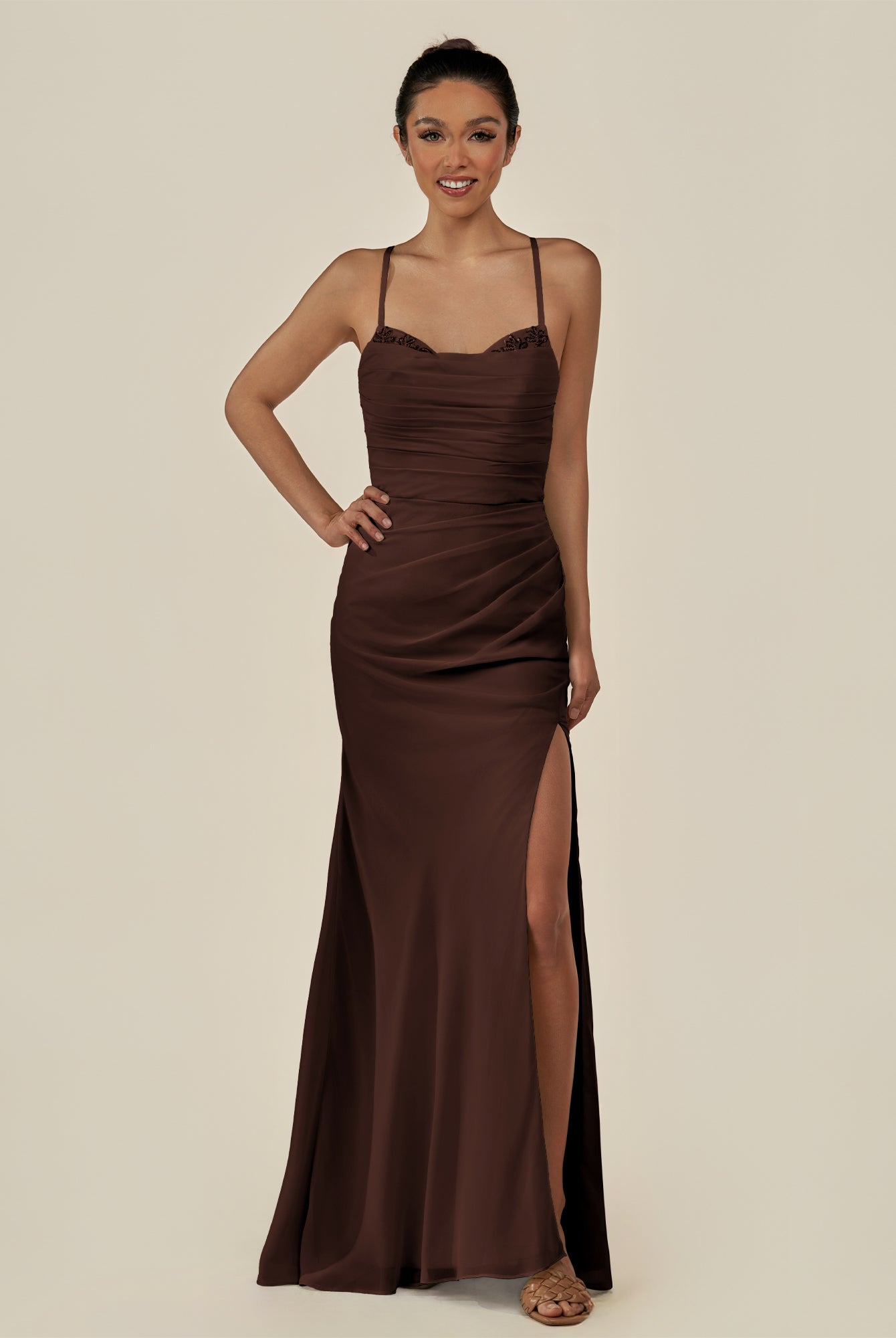 KissDress-Myka Espresso Sheath Chiffon Spaghetti Straps Long Bridesmaid Dress with Sequins