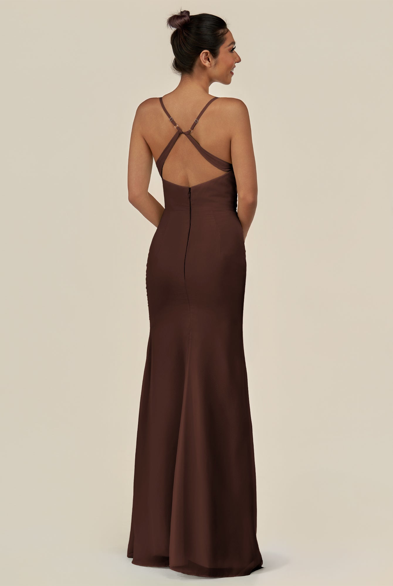 KissDress-Myka Espresso Sheath Chiffon Spaghetti Straps Long Bridesmaid Dress with Sequins