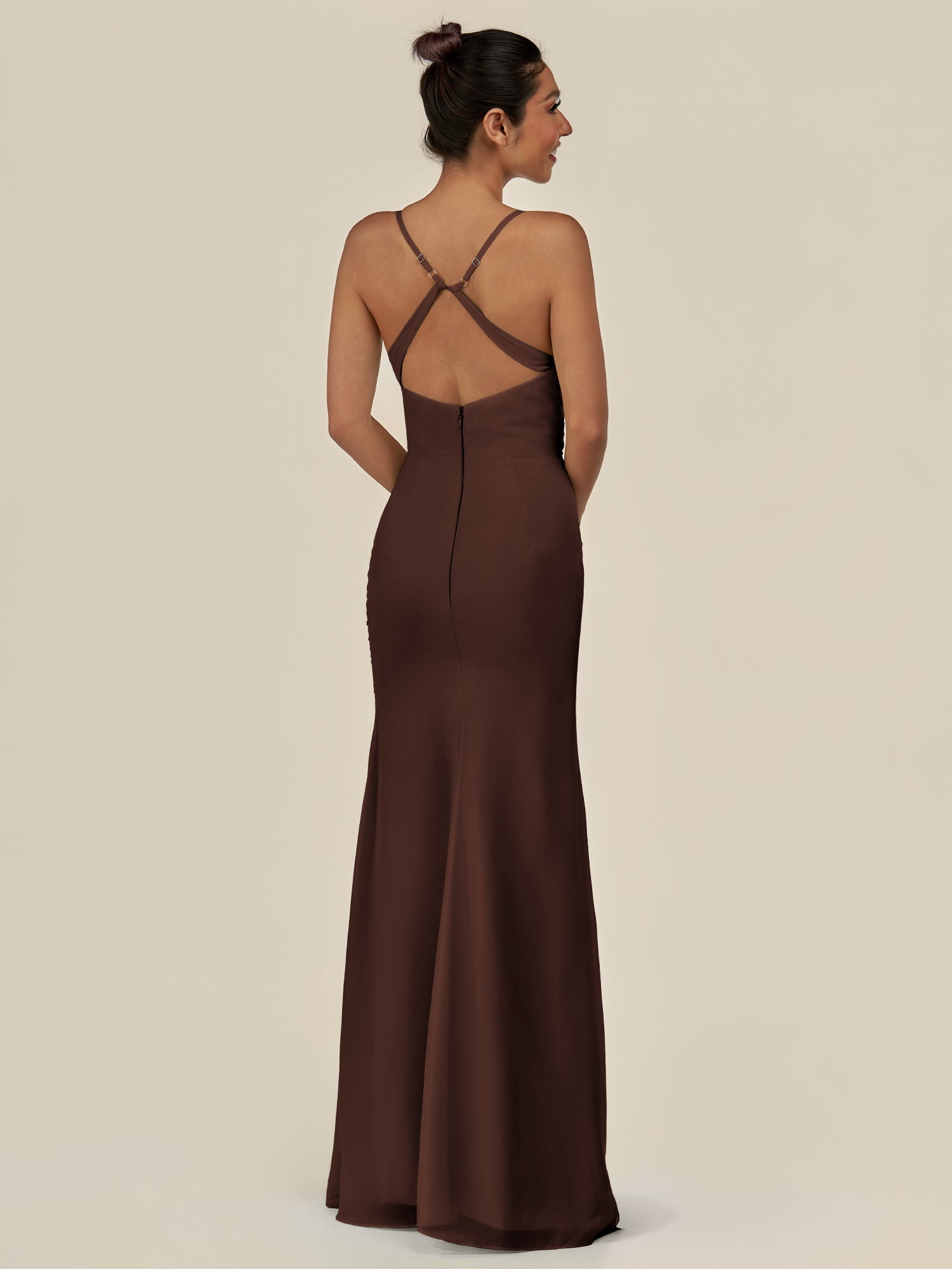 KissDress-Myka Espresso Sheath Chiffon Spaghetti Straps Long Bridesmaid Dress with Sequins