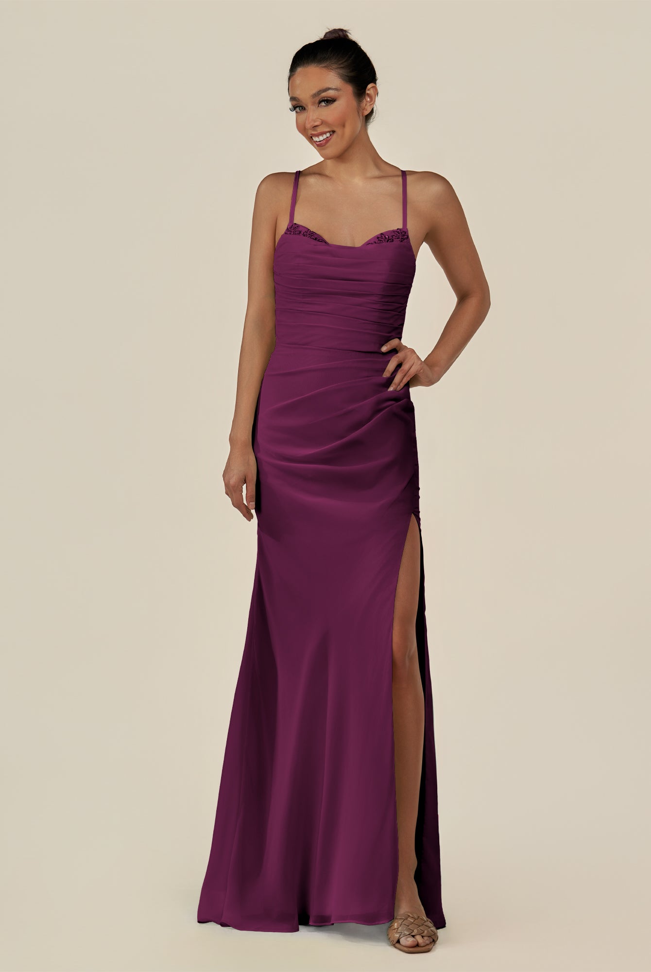 KissDress-Myka Fig Sheath Chiffon Spaghetti Straps Long Bridesmaid Dress with Sequins