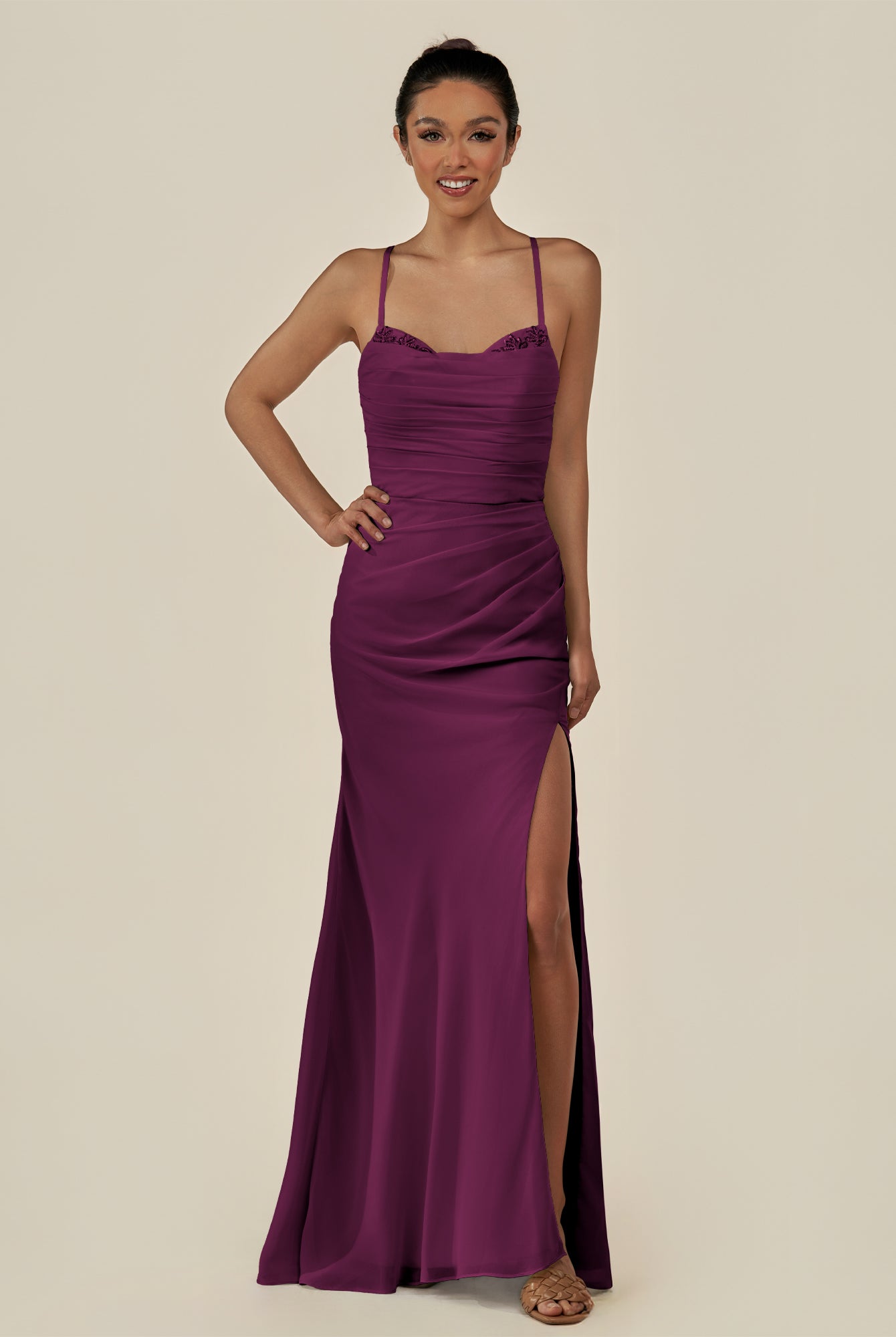 KissDress-Myka Fig Sheath Chiffon Spaghetti Straps Long Bridesmaid Dress with Sequins
