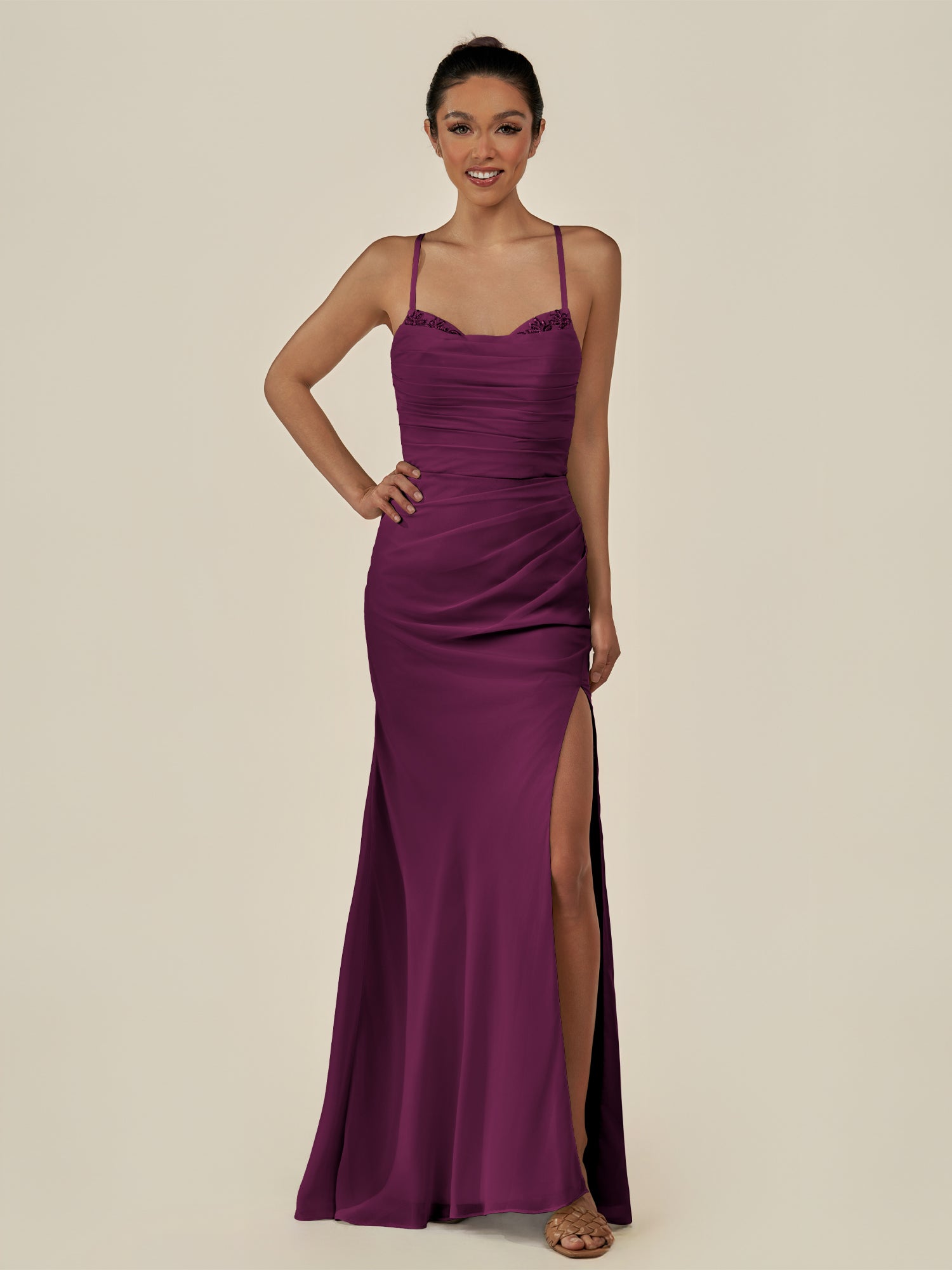 KissDress-Myka Fig Sheath Chiffon Spaghetti Straps Long Bridesmaid Dress with Sequins