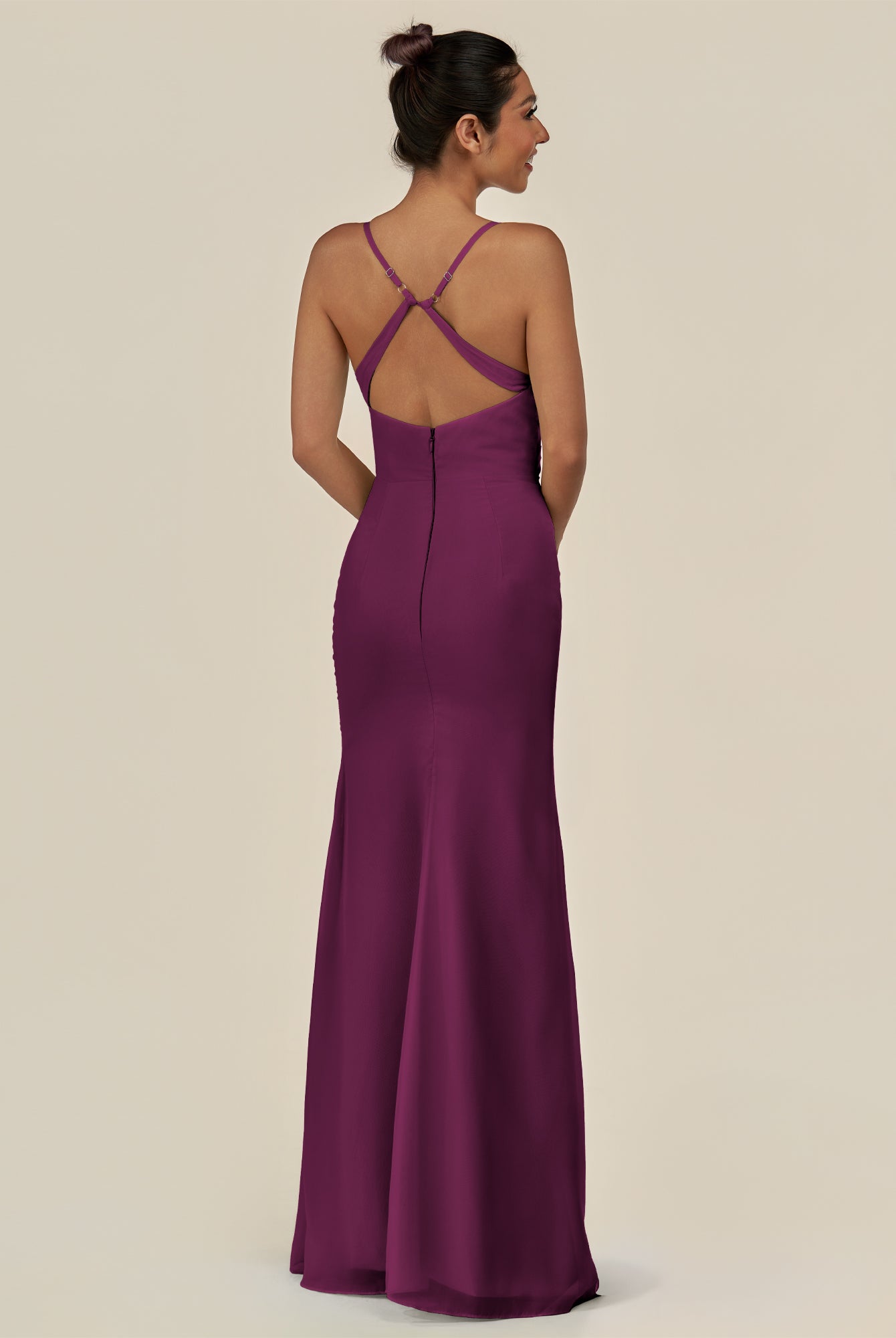 KissDress-Myka Fig Sheath Chiffon Spaghetti Straps Long Bridesmaid Dress with Sequins