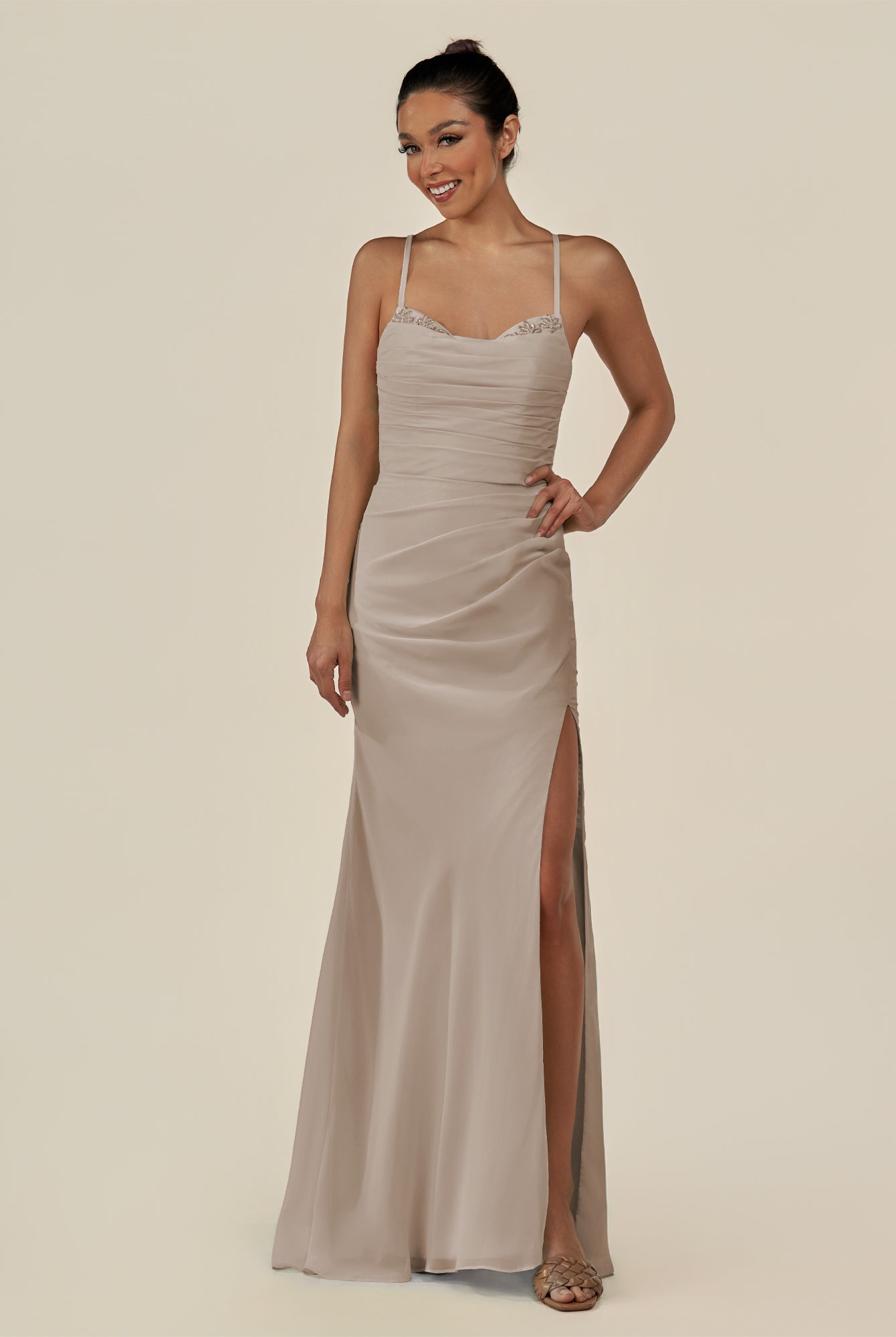 KissDress-Myka Frost Sheath Chiffon Spaghetti Straps Long Bridesmaid Dress with Sequins