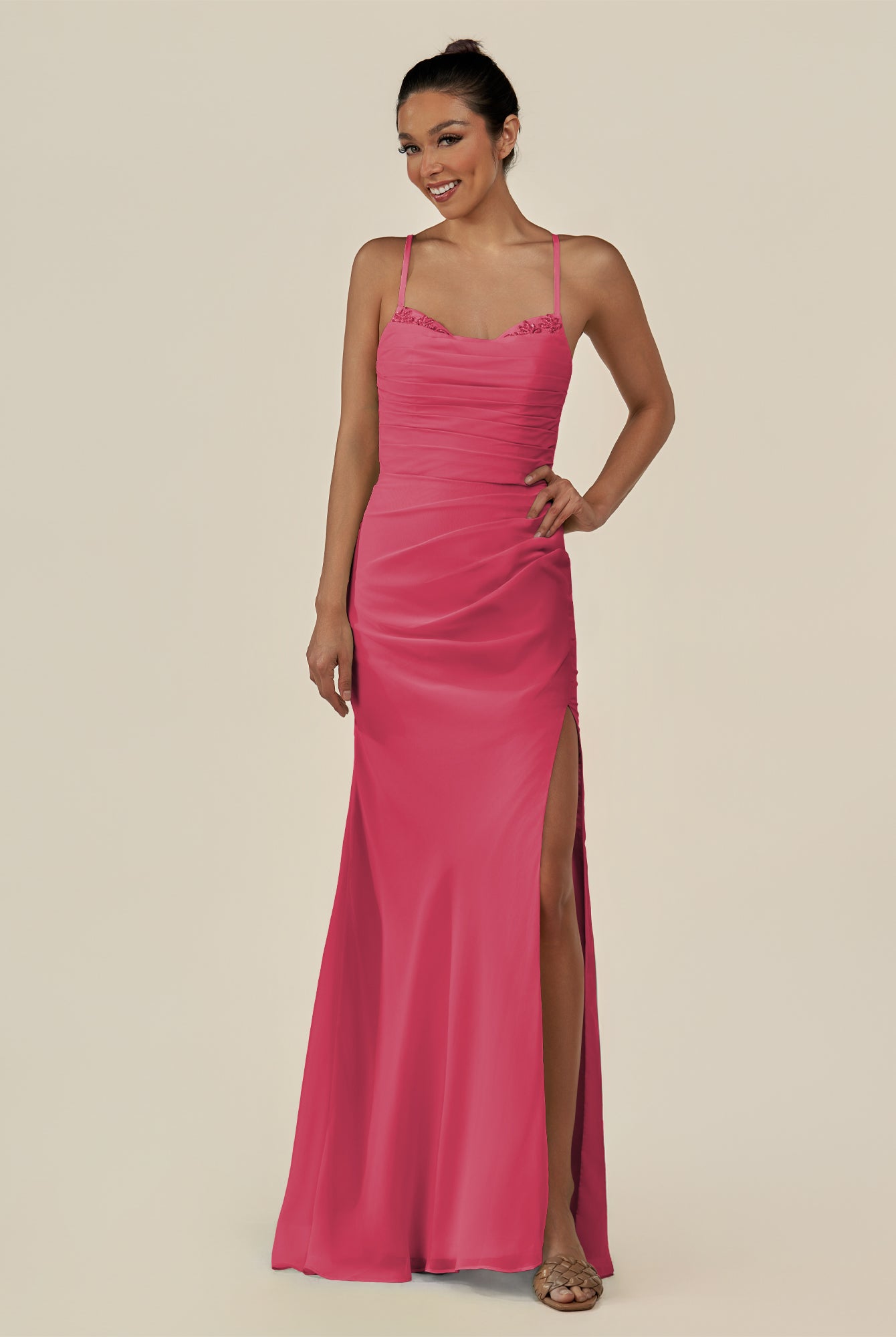 KissDress-Myka Fuchsia Sheath Chiffon Spaghetti Straps Long Bridesmaid Dress with Sequins