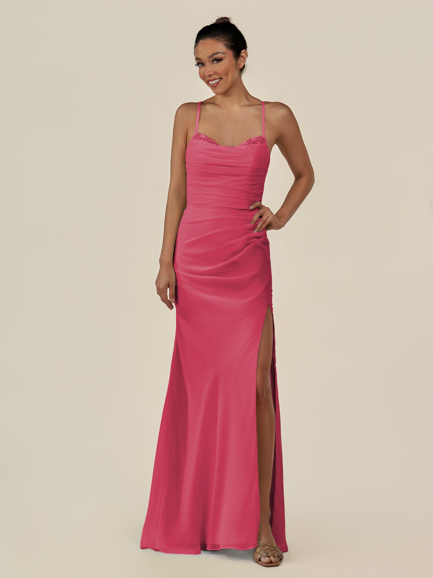 KissDress-Myka Fuchsia Sheath Chiffon Spaghetti Straps Long Bridesmaid Dress with Sequins
