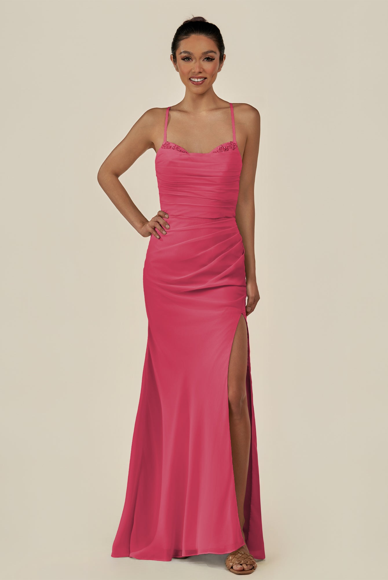 KissDress-Myka Fuchsia Sheath Chiffon Spaghetti Straps Long Bridesmaid Dress with Sequins