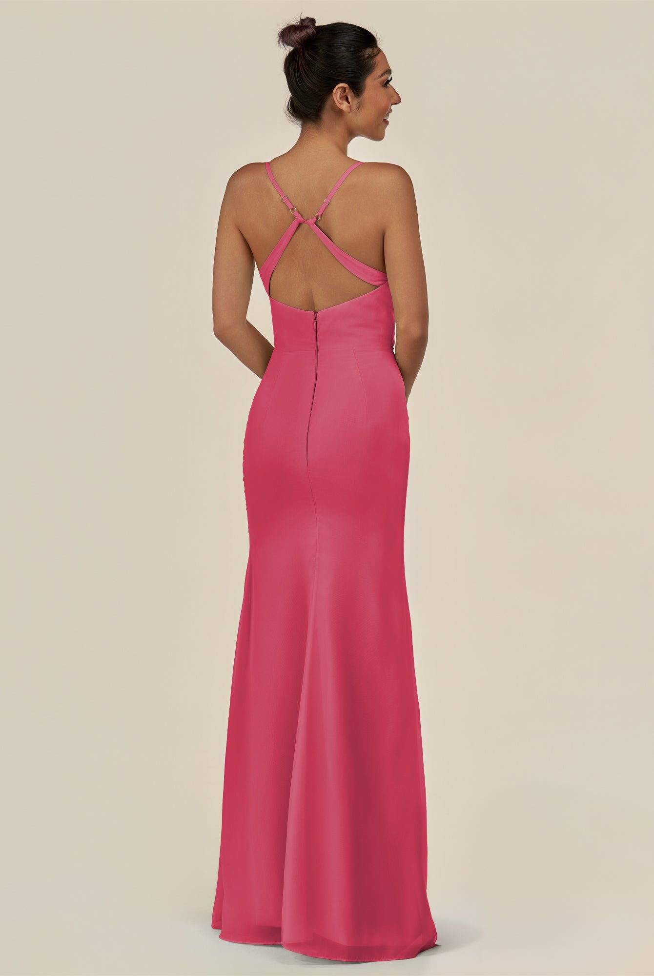 KissDress-Myka Fuchsia Sheath Chiffon Spaghetti Straps Long Bridesmaid Dress with Sequins