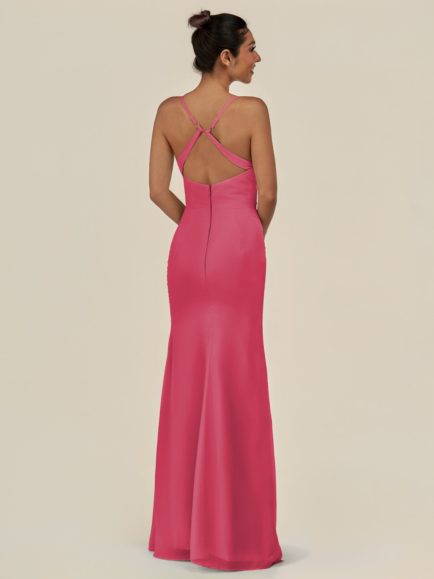 KissDress-Myka Fuchsia Sheath Chiffon Spaghetti Straps Long Bridesmaid Dress with Sequins
