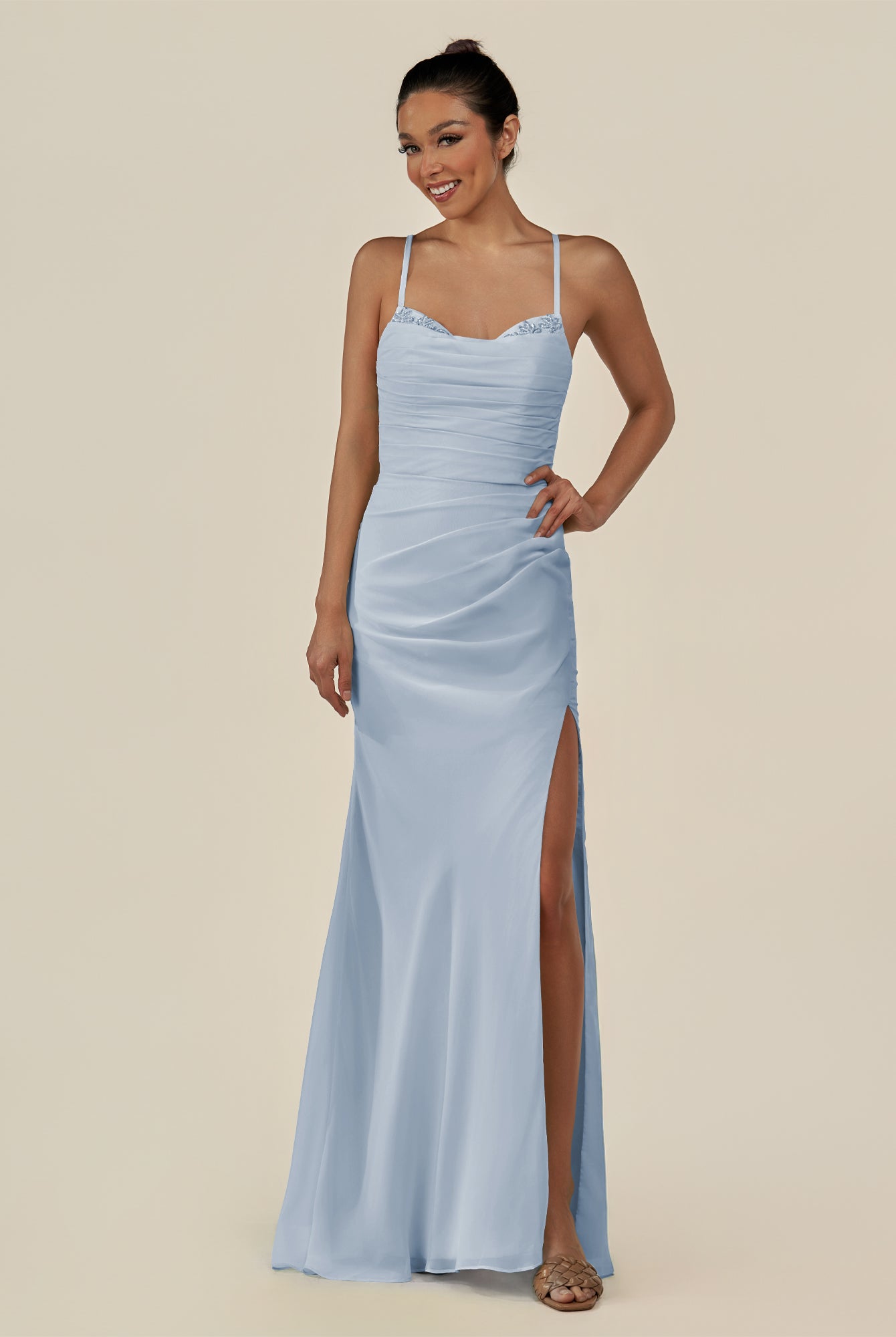 KissDress-Myka Ice Sheath Chiffon Spaghetti Straps Long Bridesmaid Dress with Sequins