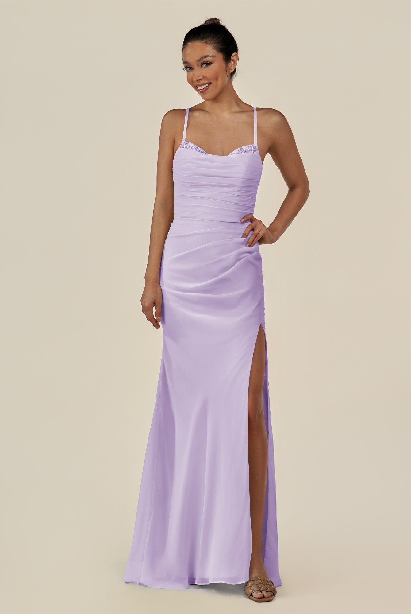 KissDress-Myka Lavender Sheath Chiffon Spaghetti Straps Long Bridesmaid Dress with Sequins