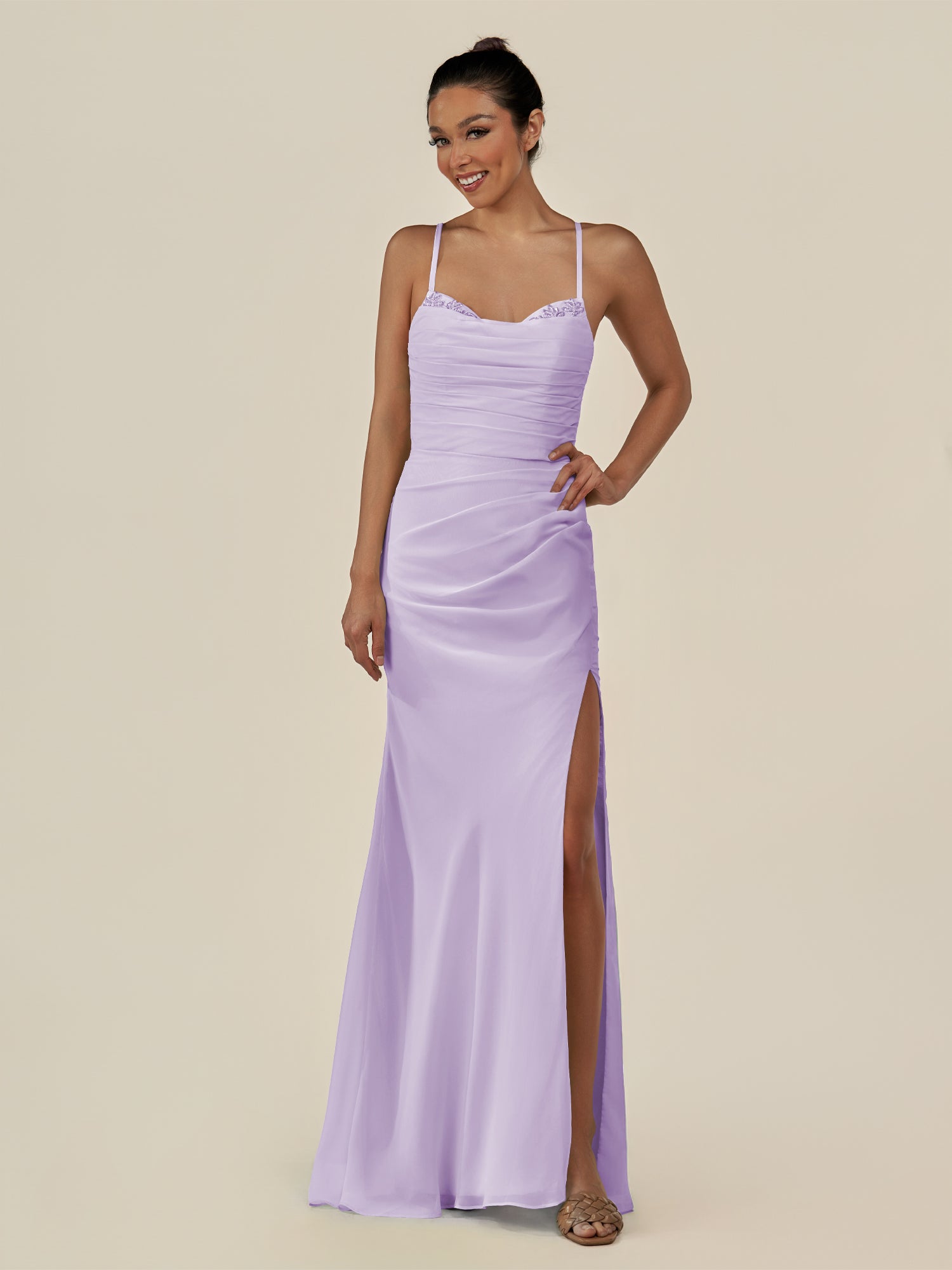 KissDress-Myka Lavender Sheath Chiffon Spaghetti Straps Long Bridesmaid Dress with Sequins