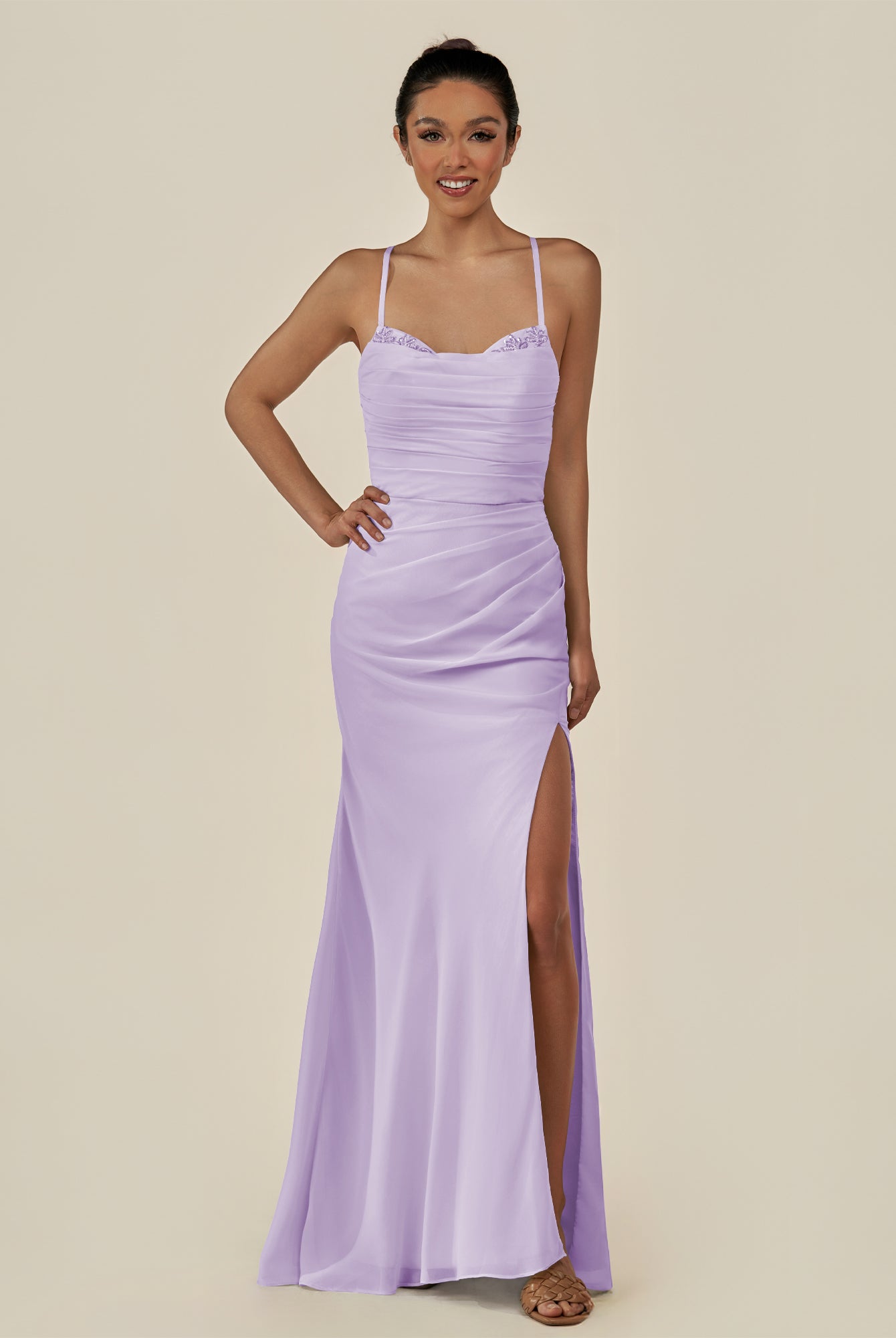KissDress-Myka Lavender Sheath Chiffon Spaghetti Straps Long Bridesmaid Dress with Sequins