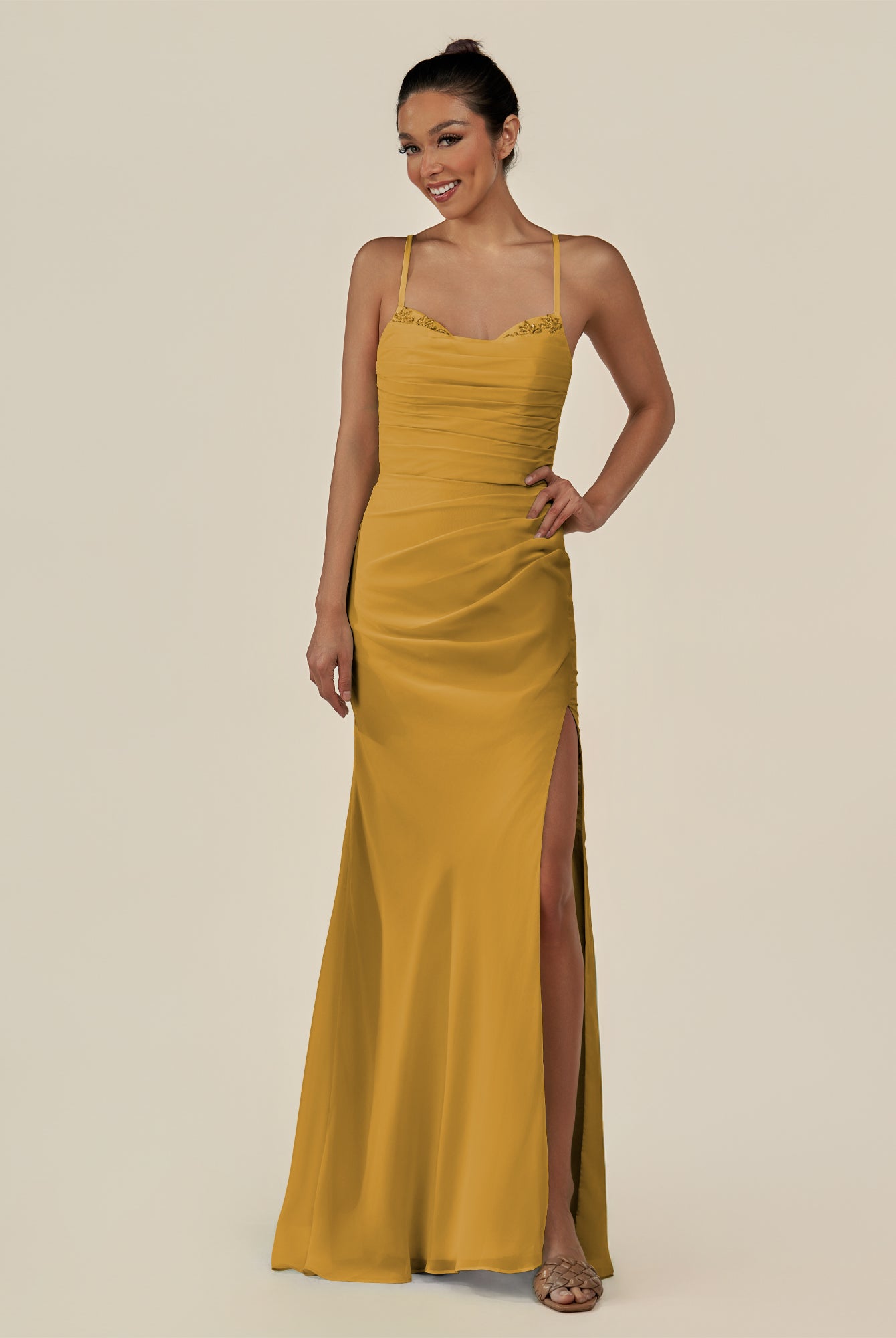 KissDress-Myka Marigold Sheath Chiffon Spaghetti Straps Long Bridesmaid Dress with Sequins