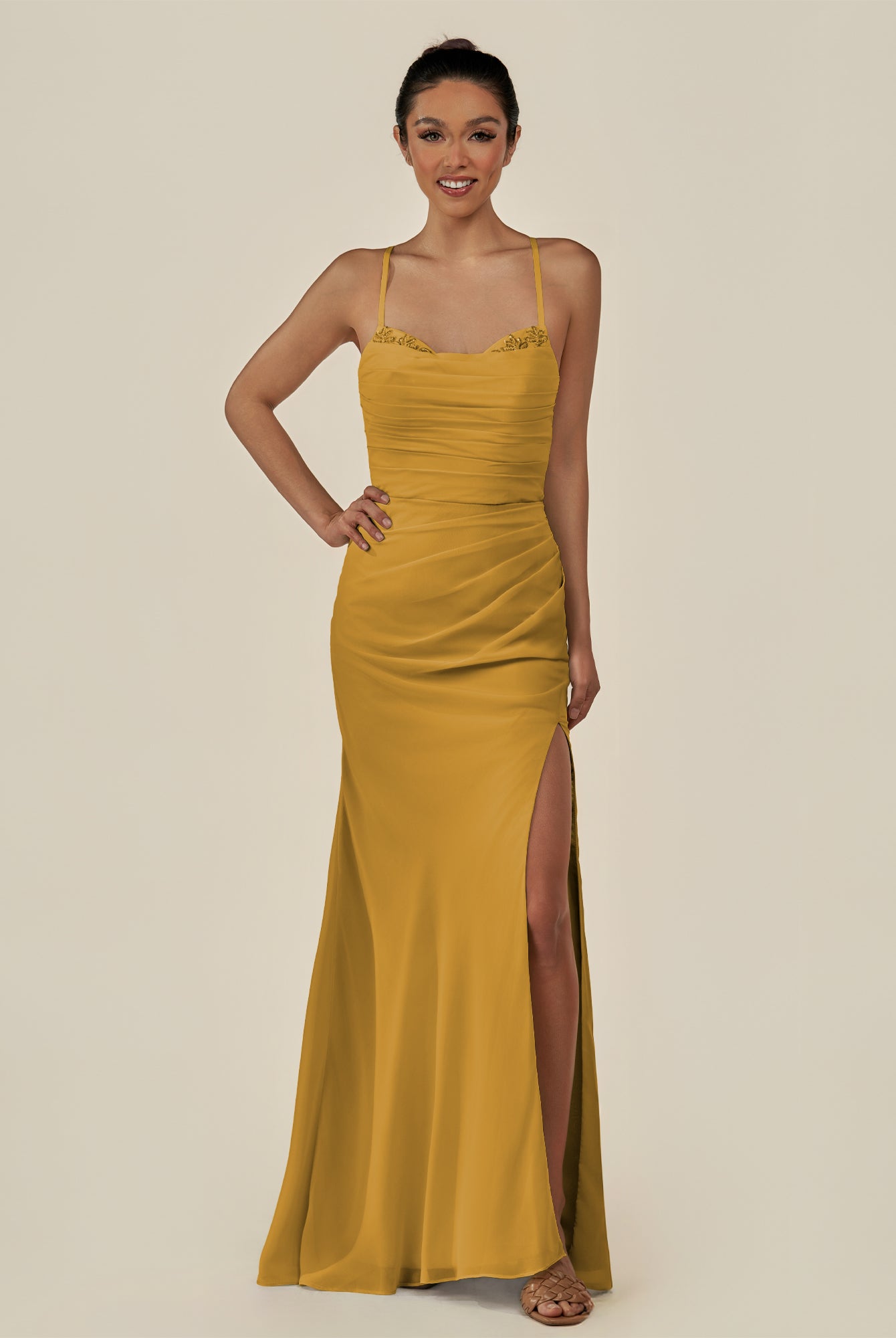 KissDress-Myka Marigold Sheath Chiffon Spaghetti Straps Long Bridesmaid Dress with Sequins