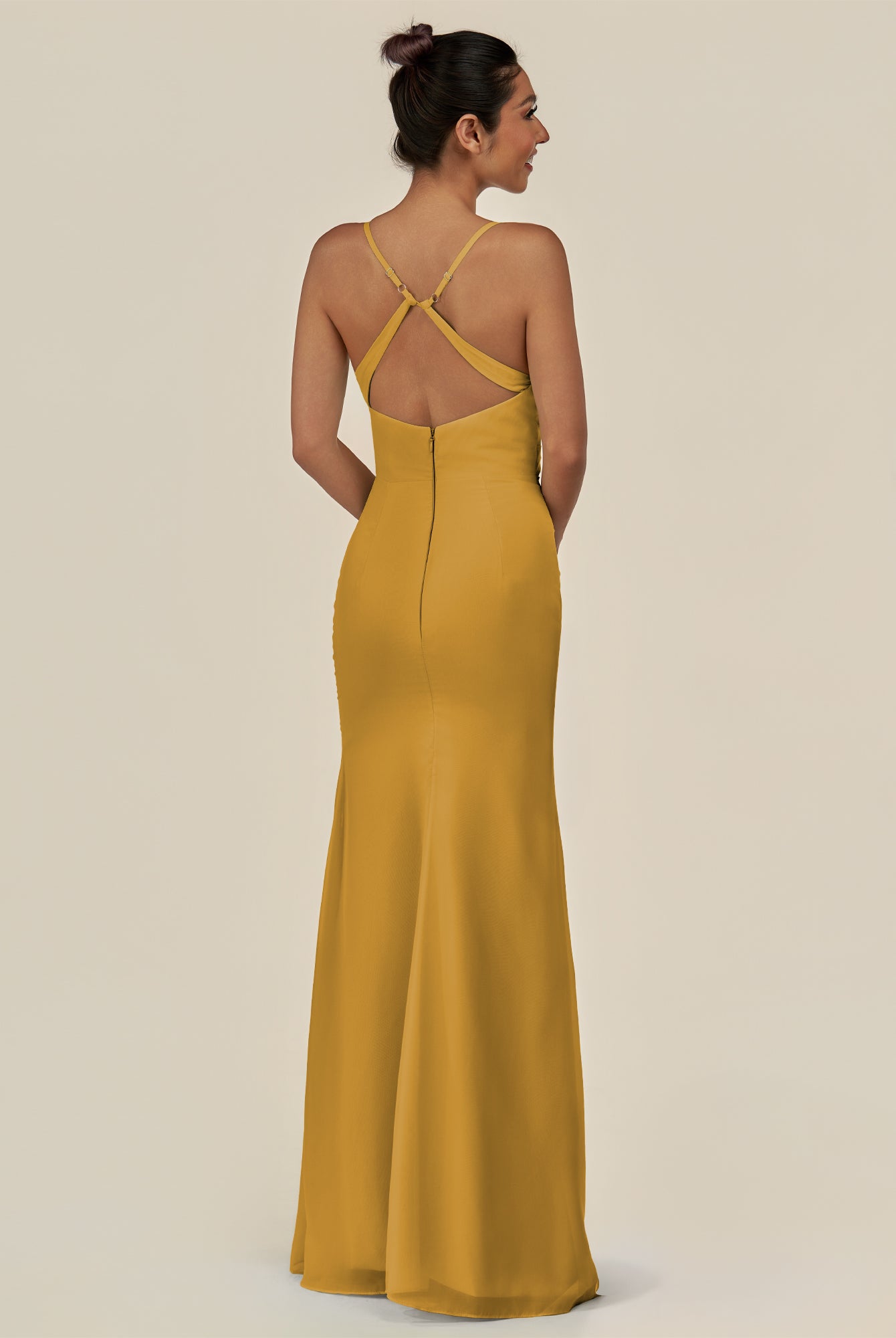 KissDress-Myka Marigold Sheath Chiffon Spaghetti Straps Long Bridesmaid Dress with Sequins