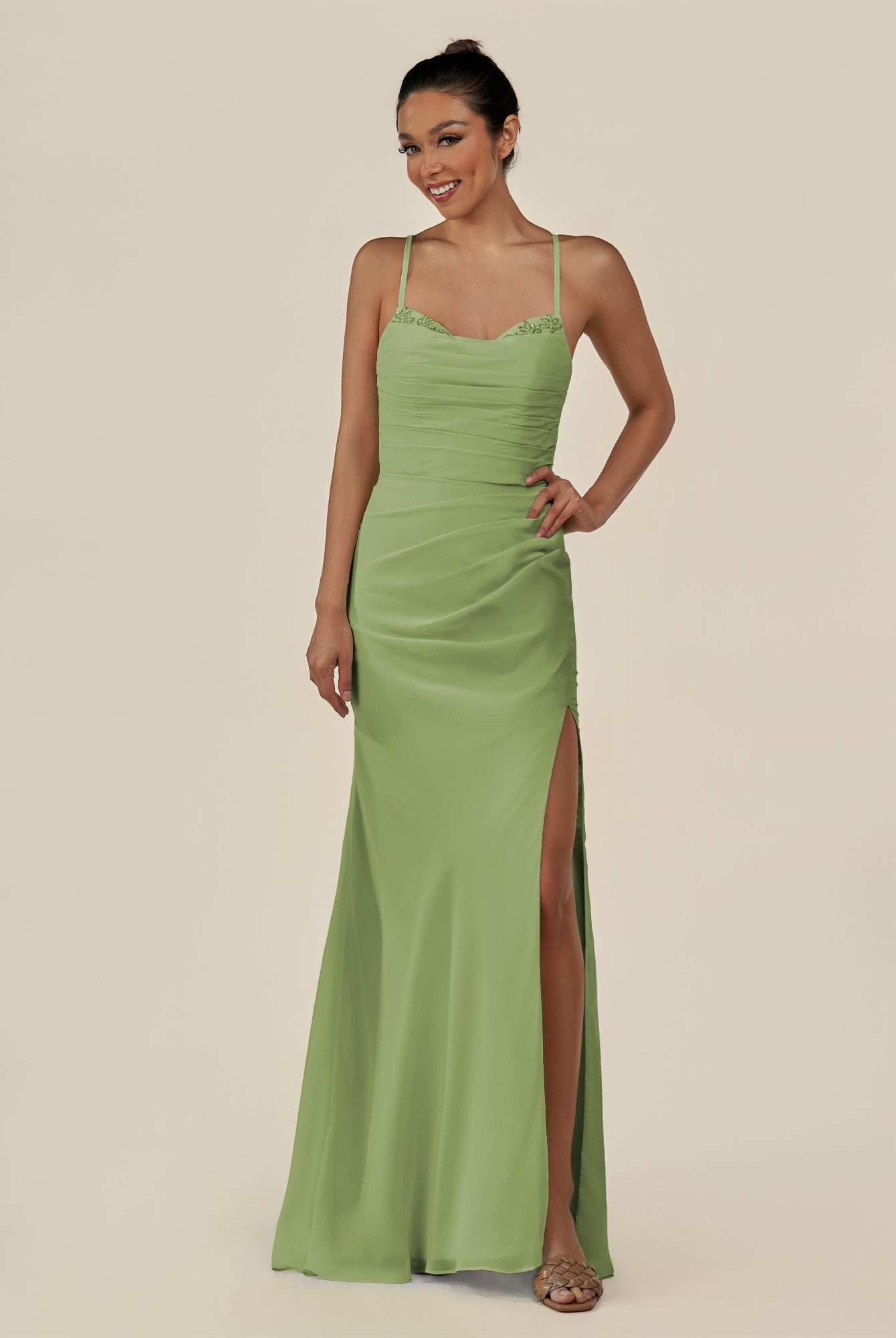 KissDress-Myka Matcha Sheath Chiffon Spaghetti Straps Long Bridesmaid Dress with Sequins