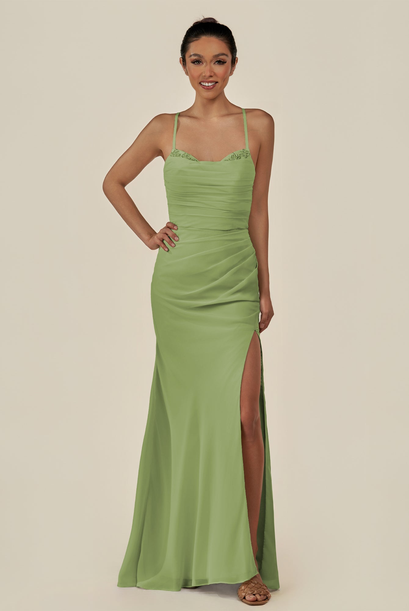 KissDress-Myka Matcha Sheath Chiffon Spaghetti Straps Long Bridesmaid Dress with Sequins