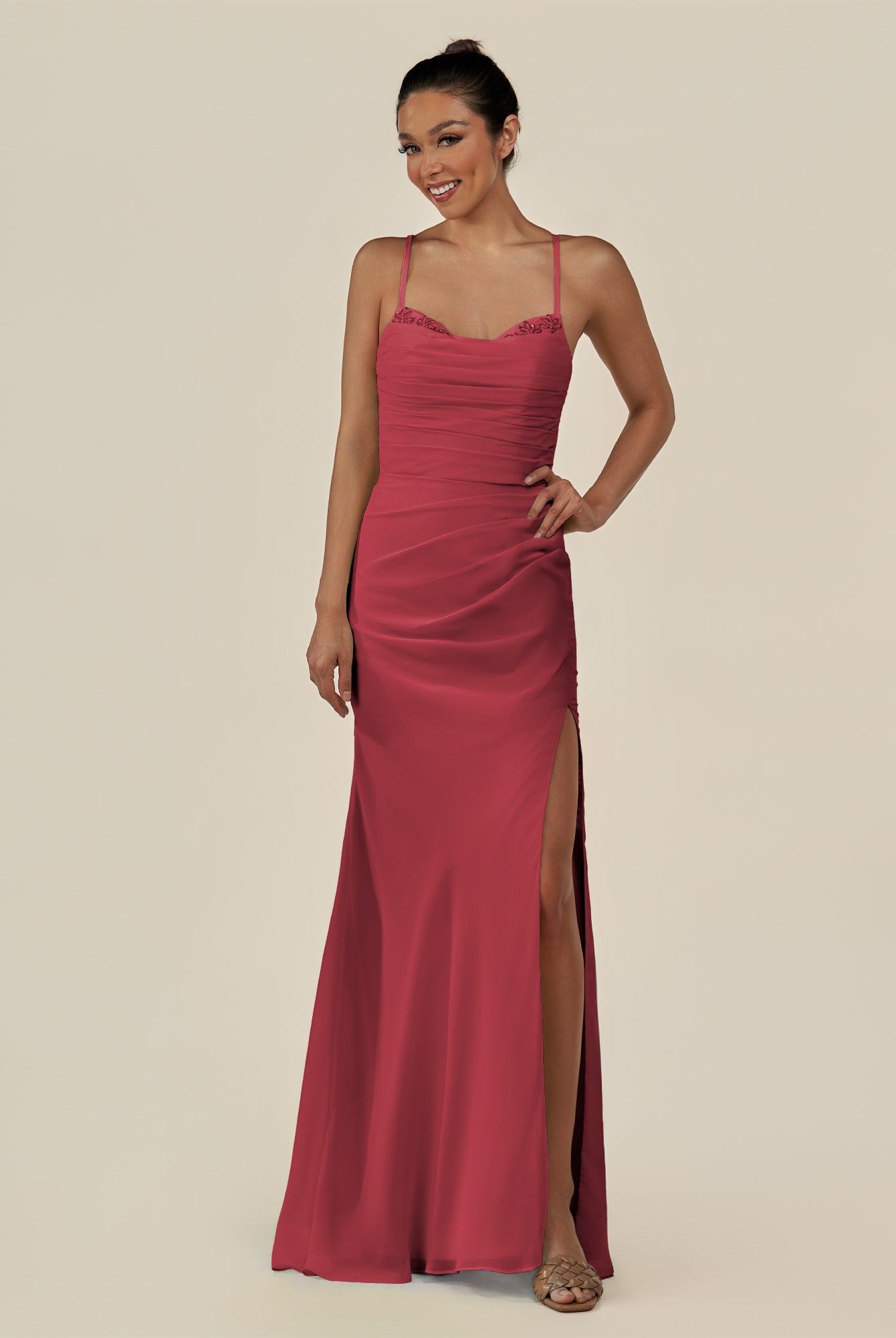 KissDress-Myka Merlot Sheath Chiffon Spaghetti Straps Long Bridesmaid Dress with Sequins