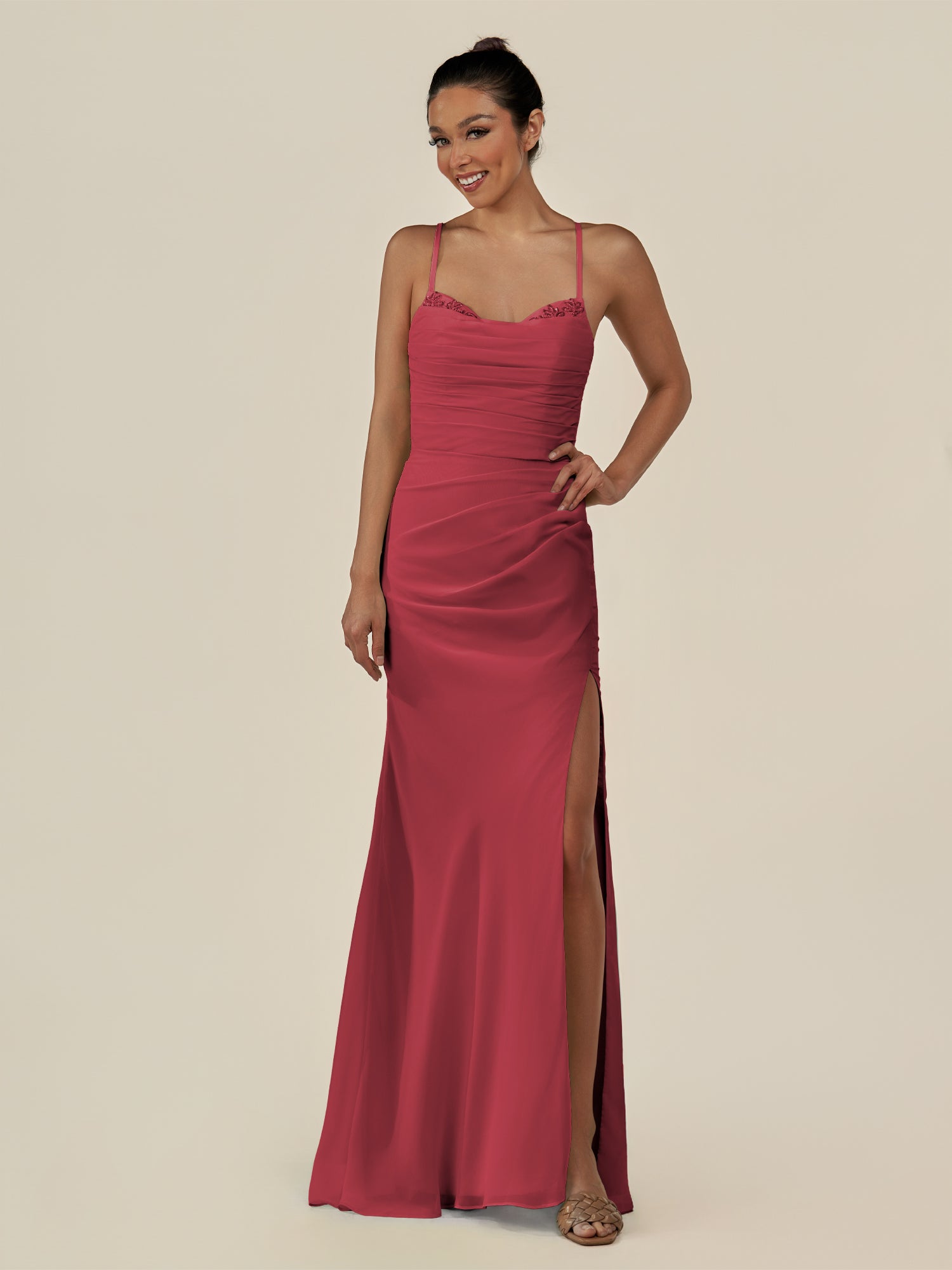 KissDress-Myka Merlot Sheath Chiffon Spaghetti Straps Long Bridesmaid Dress with Sequins
