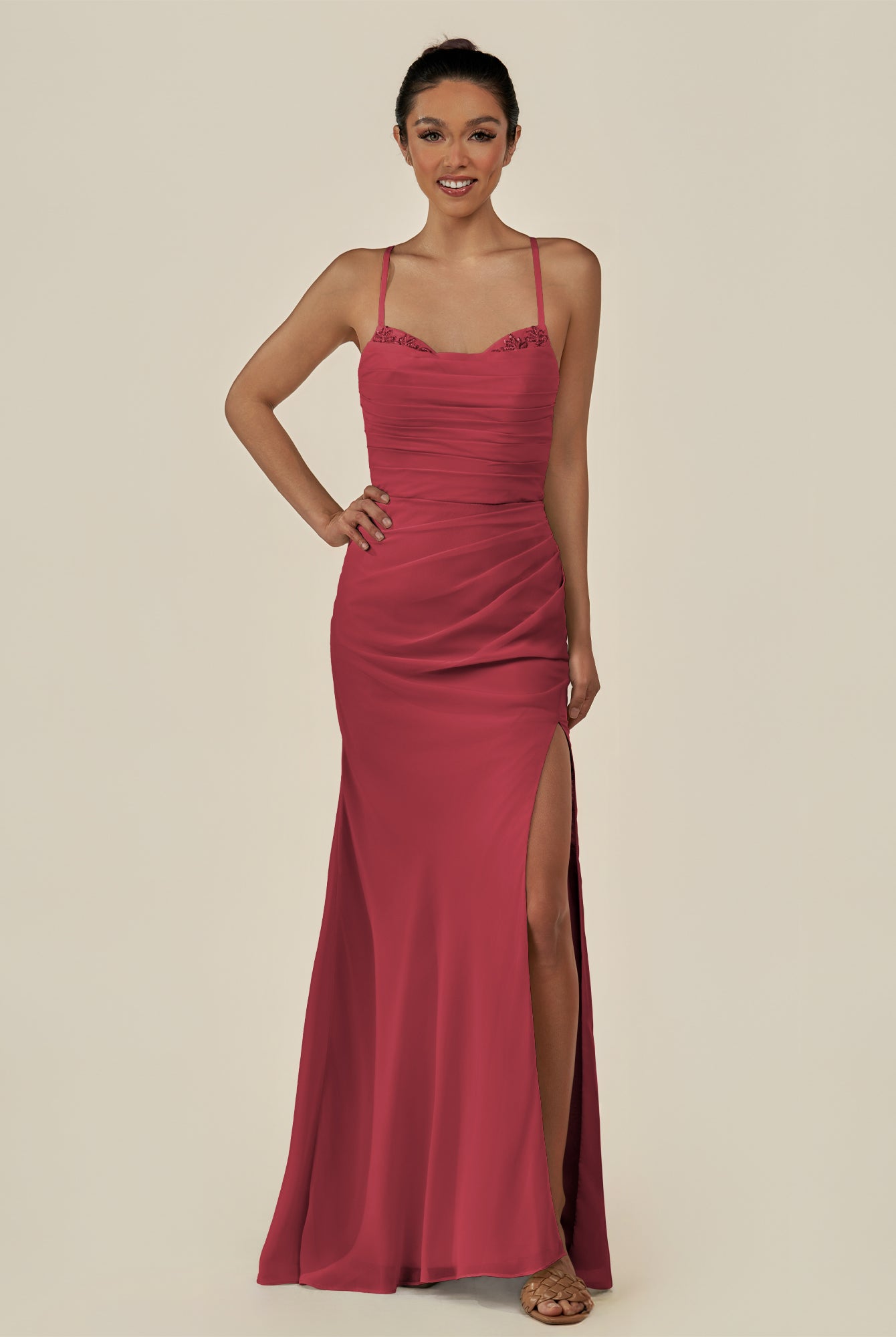 KissDress-Myka Merlot Sheath Chiffon Spaghetti Straps Long Bridesmaid Dress with Sequins