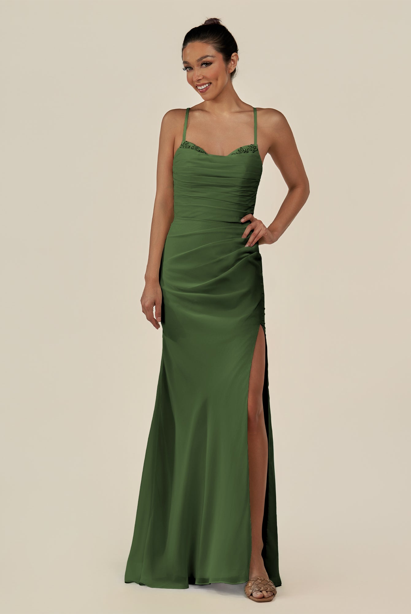 KissDress-Myka Moss Sheath Chiffon Spaghetti Straps Long Bridesmaid Dress with Sequins