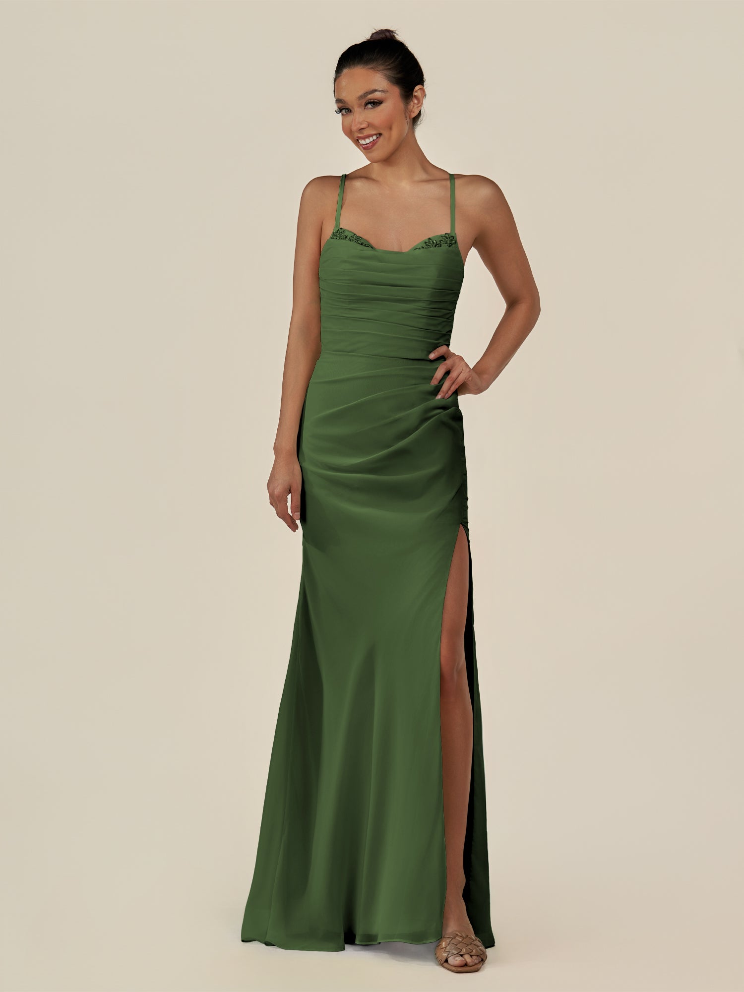 KissDress-Myka Moss Sheath Chiffon Spaghetti Straps Long Bridesmaid Dress with Sequins