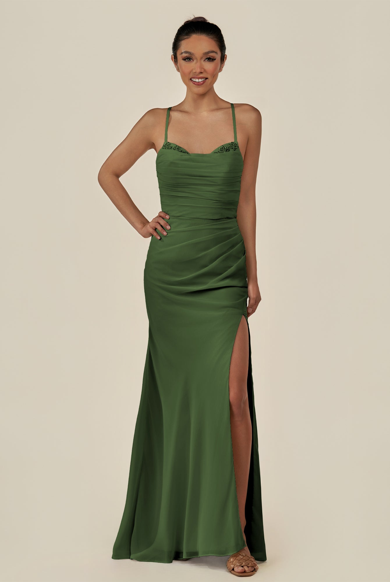 KissDress-Myka Moss Sheath Chiffon Spaghetti Straps Long Bridesmaid Dress with Sequins