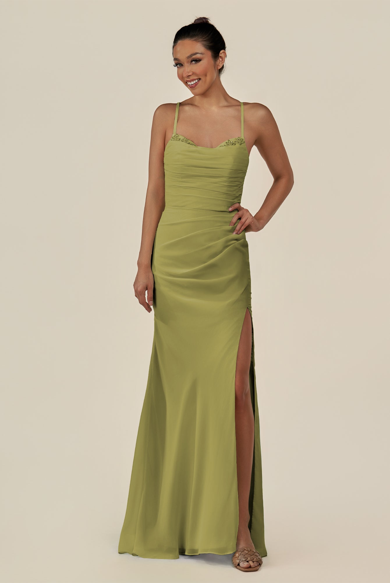 KissDress-Myka Moss Green Sheath Chiffon Spaghetti Straps Long Bridesmaid Dress with Sequins