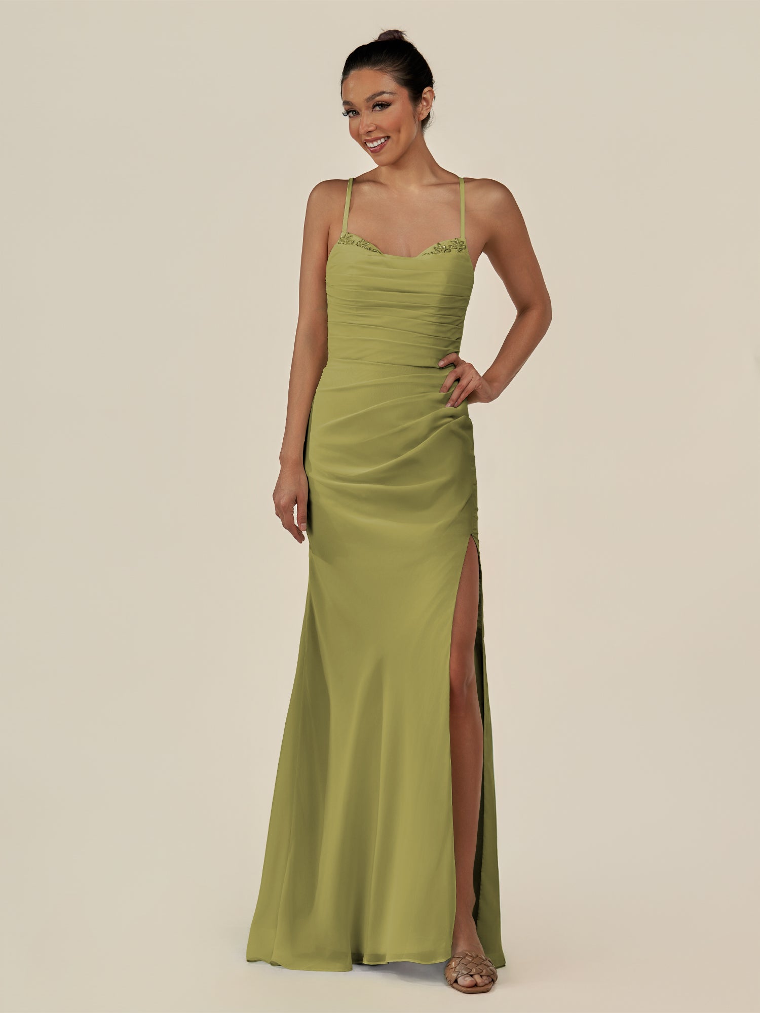 KissDress-Myka Moss Green Sheath Chiffon Spaghetti Straps Long Bridesmaid Dress with Sequins