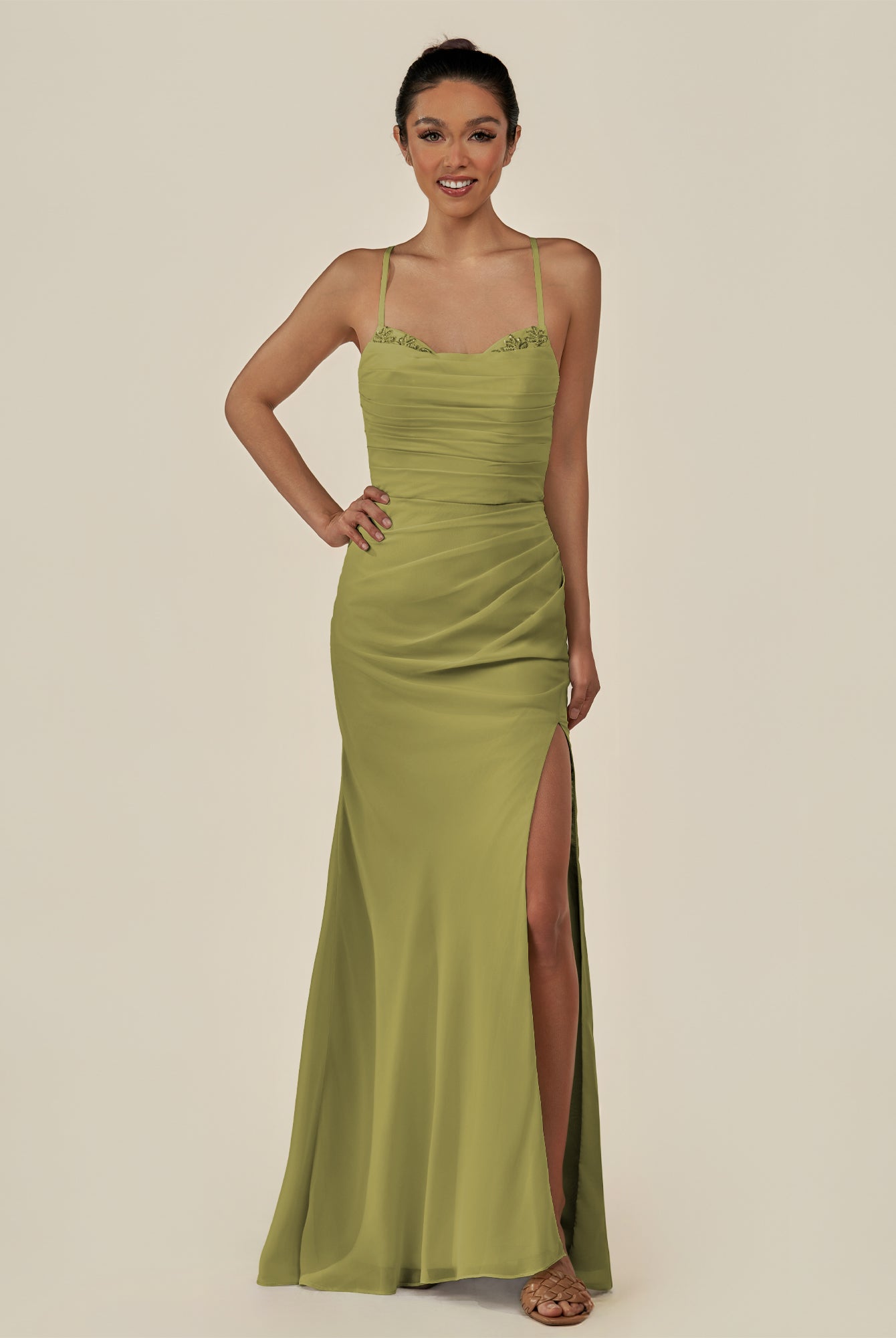 KissDress-Myka Moss Green Sheath Chiffon Spaghetti Straps Long Bridesmaid Dress with Sequins