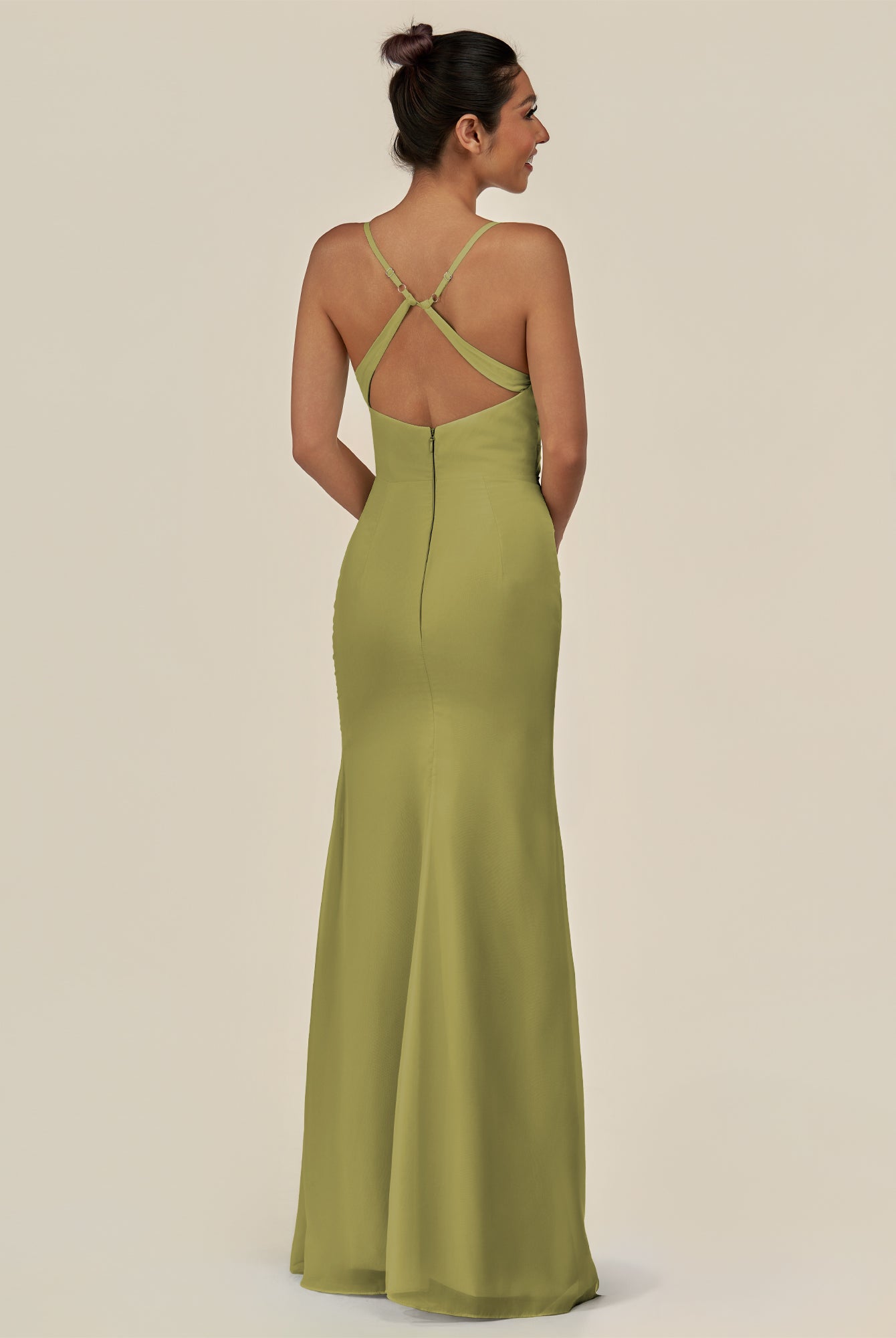 KissDress-Myka Moss Green Sheath Chiffon Spaghetti Straps Long Bridesmaid Dress with Sequins
