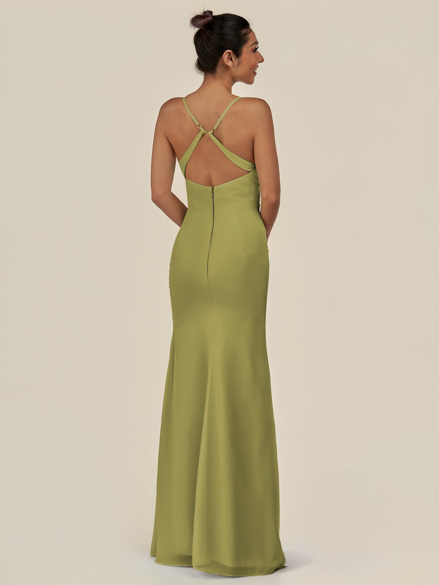 KissDress-Myka Moss Green Sheath Chiffon Spaghetti Straps Long Bridesmaid Dress with Sequins