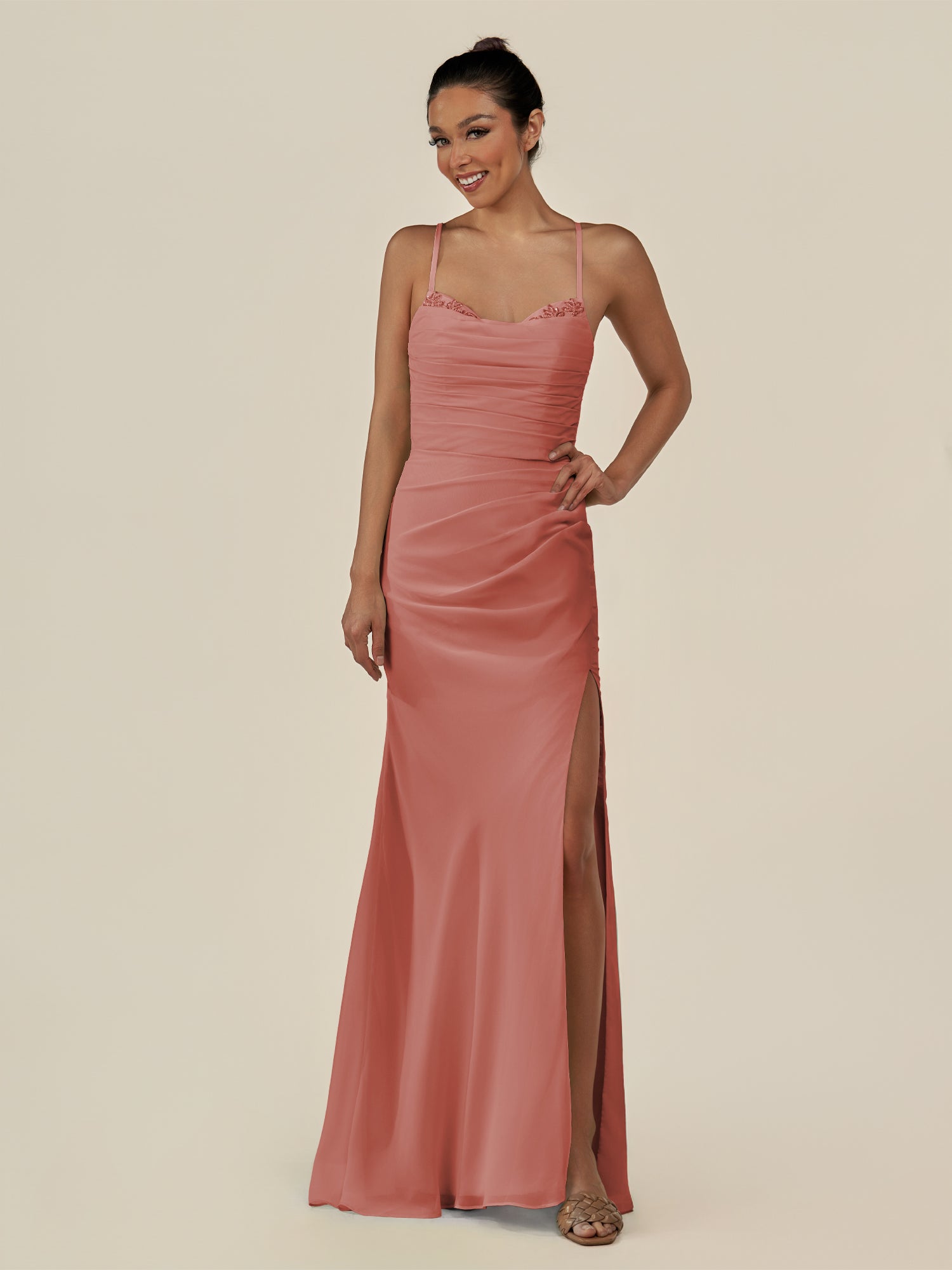 KissDress-Myka Mulberry Sheath Chiffon Spaghetti Straps Long Bridesmaid Dress with Sequins